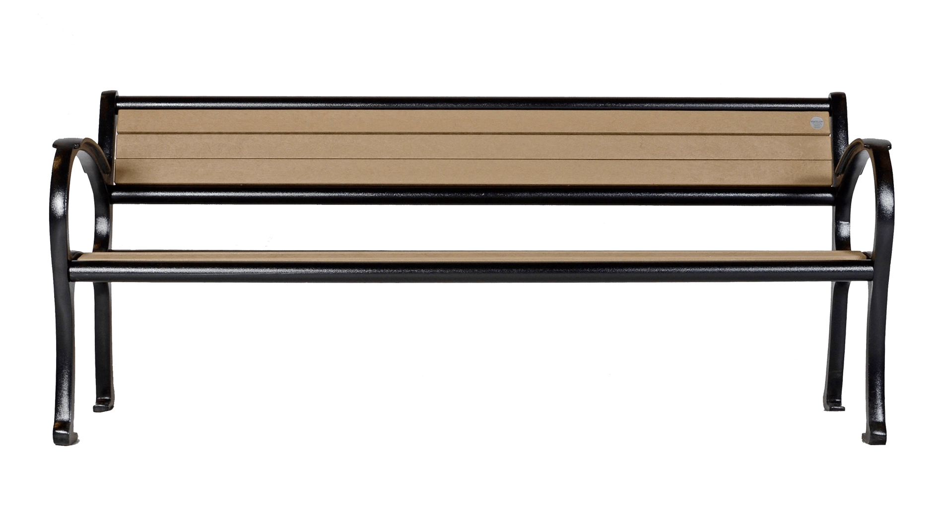 A six-foot Mountain Classic bench with recycled plastic lumber slats and a powder-coated metal frame. This bench offers durable and comfortable seating for outdoor spaces.