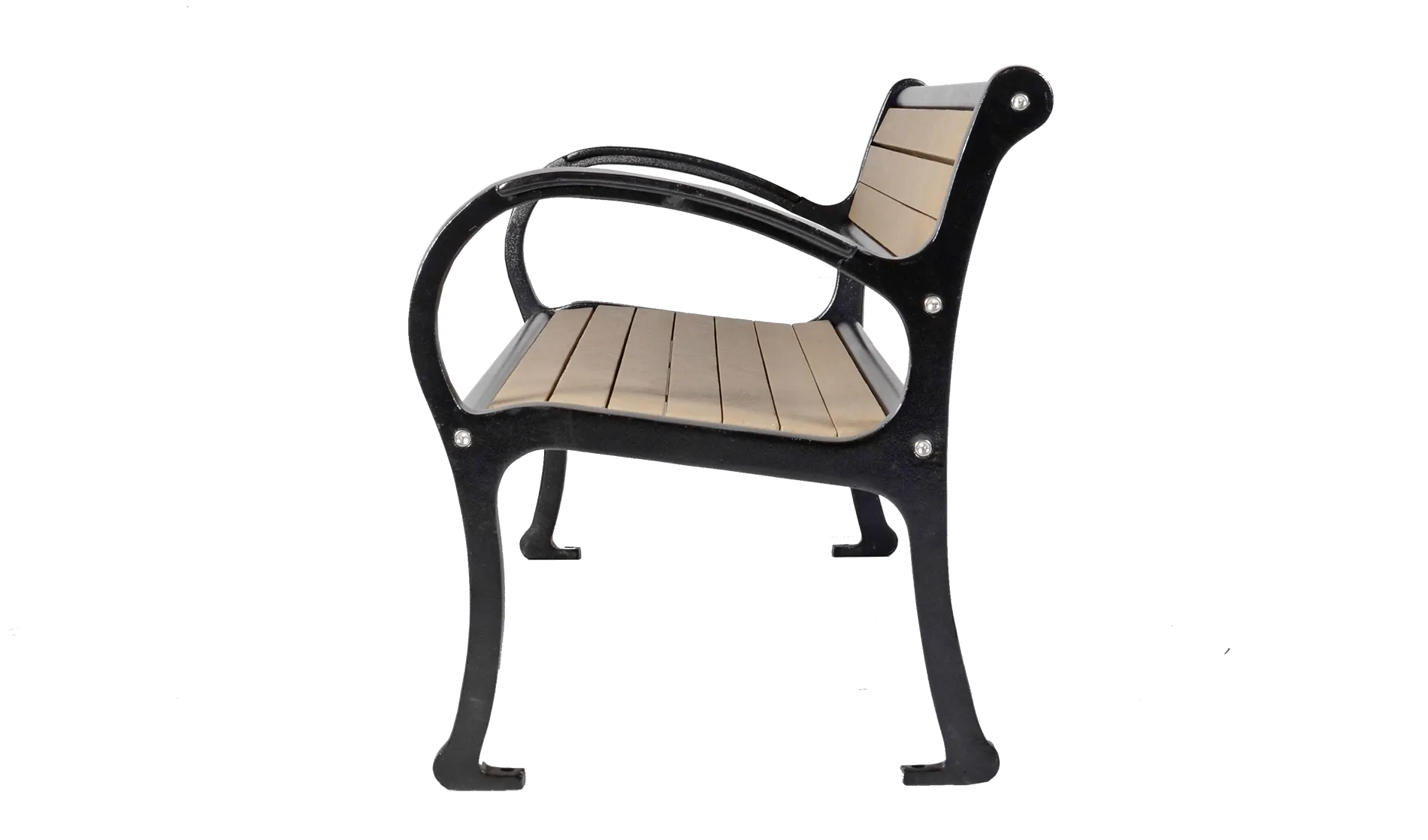 The Mountain Classic bench features a cast metal frame and recycled plastic lumber slats. This bench offers a durable and comfortable seating option for public spaces.