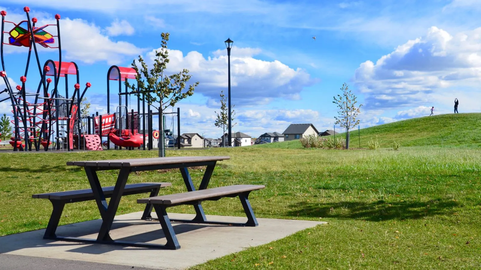 A Bayview picnic table sits on a concrete pad in a park setting. A playground and residential houses are visible in the background.