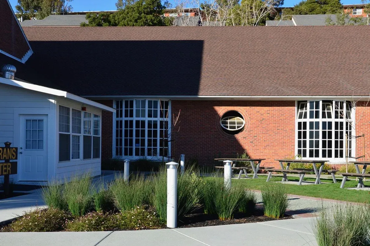 Bayview picnic tables provide outdoor seating at the California Maritime Academy. The tables offer a place for students and staff to gather and enjoy the campus grounds.