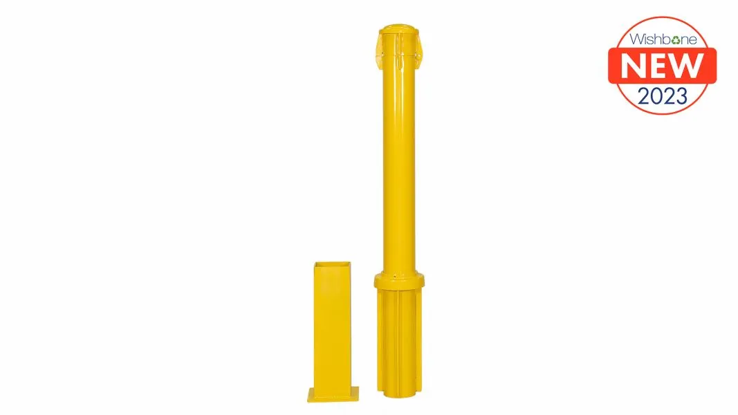 Denman Twist Lock Removable Bollard provides temporary access control. This bollard is powder-coated in traffic yellow.