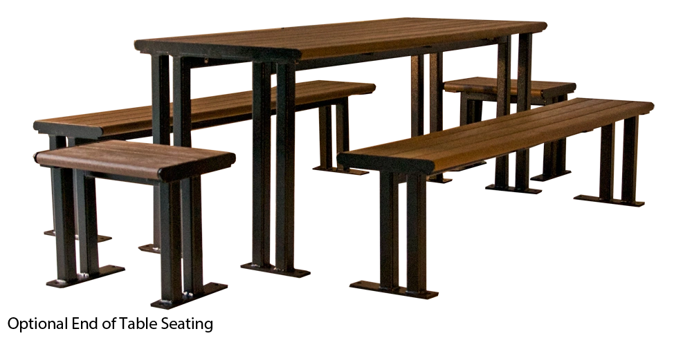Larson picnic table with optional seating on the ends. This table features recycled plastic lumber and a powder-coated metal frame.