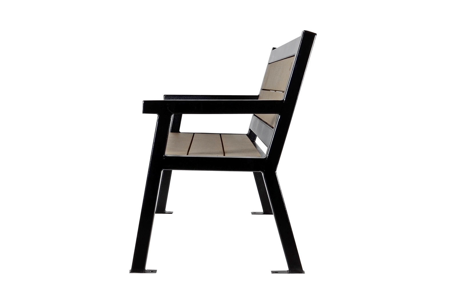 Angled leg bench with recycled plastic lumber seat and back. This bench provides comfortable seating for outdoor spaces.