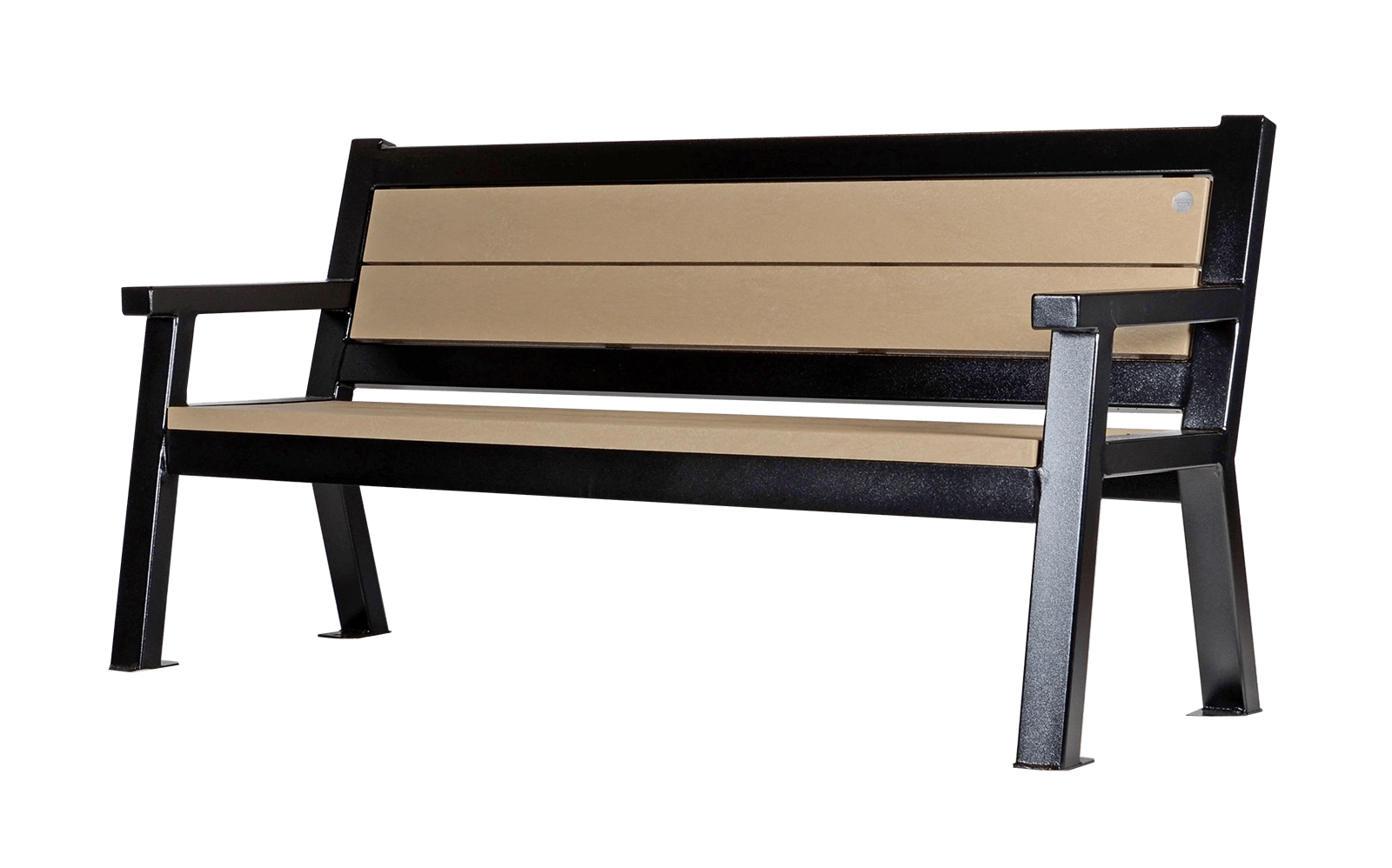 Rutherford Angled Leg Bench with recycled plastic lumber slats and powder-coated metal frame. This bench offers comfortable seating for public spaces.