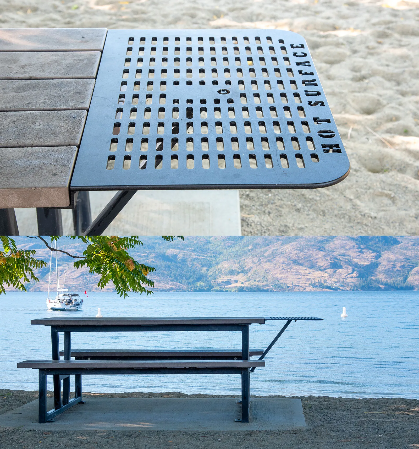 This picnic table features recycled plastic lumber and a BBQ extension. It's located on a beach with a lake and mountains in the background.