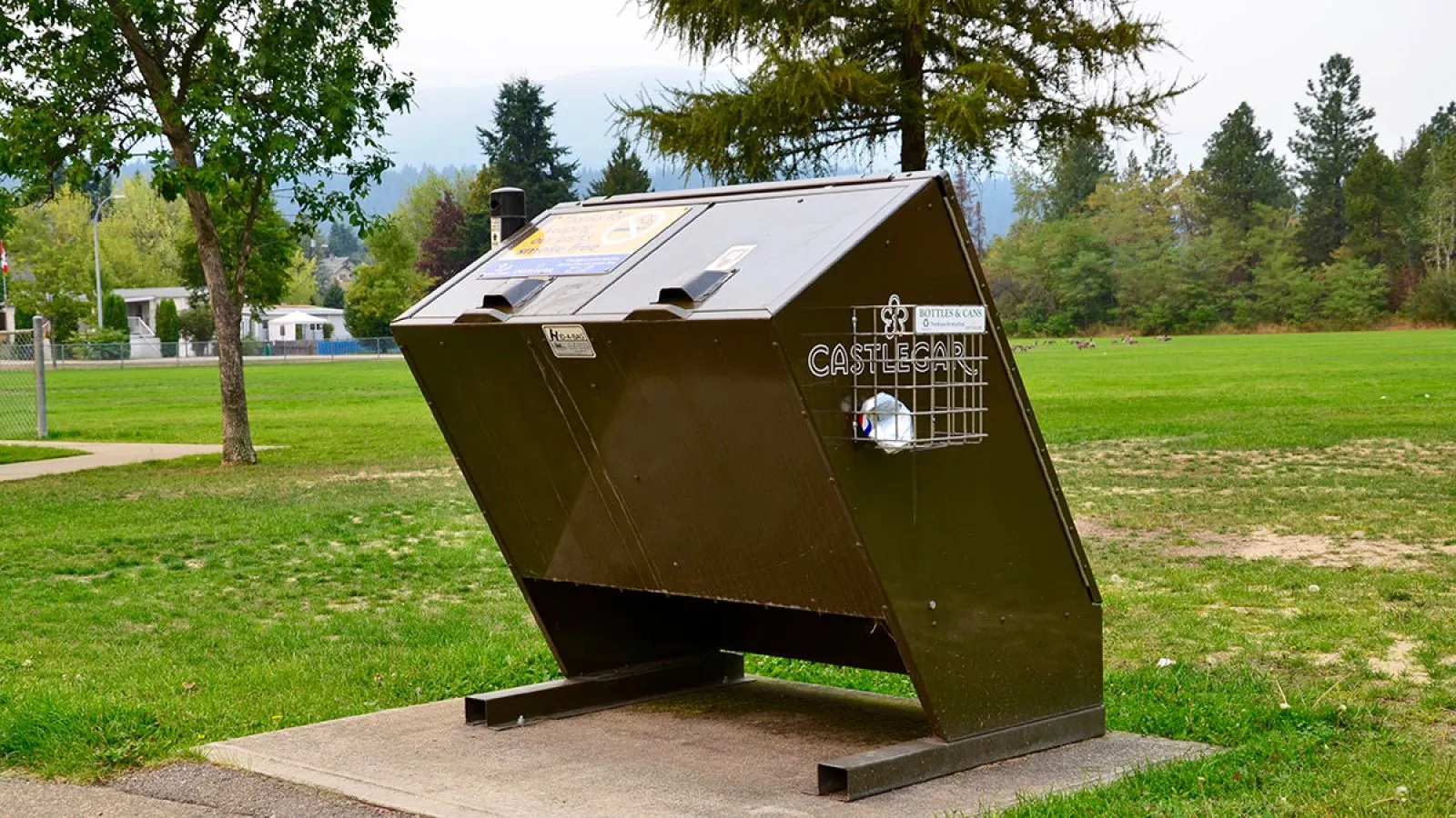 Square bottle and can recycling station in a park setting. The durable receptacle encourages recycling in public spaces.