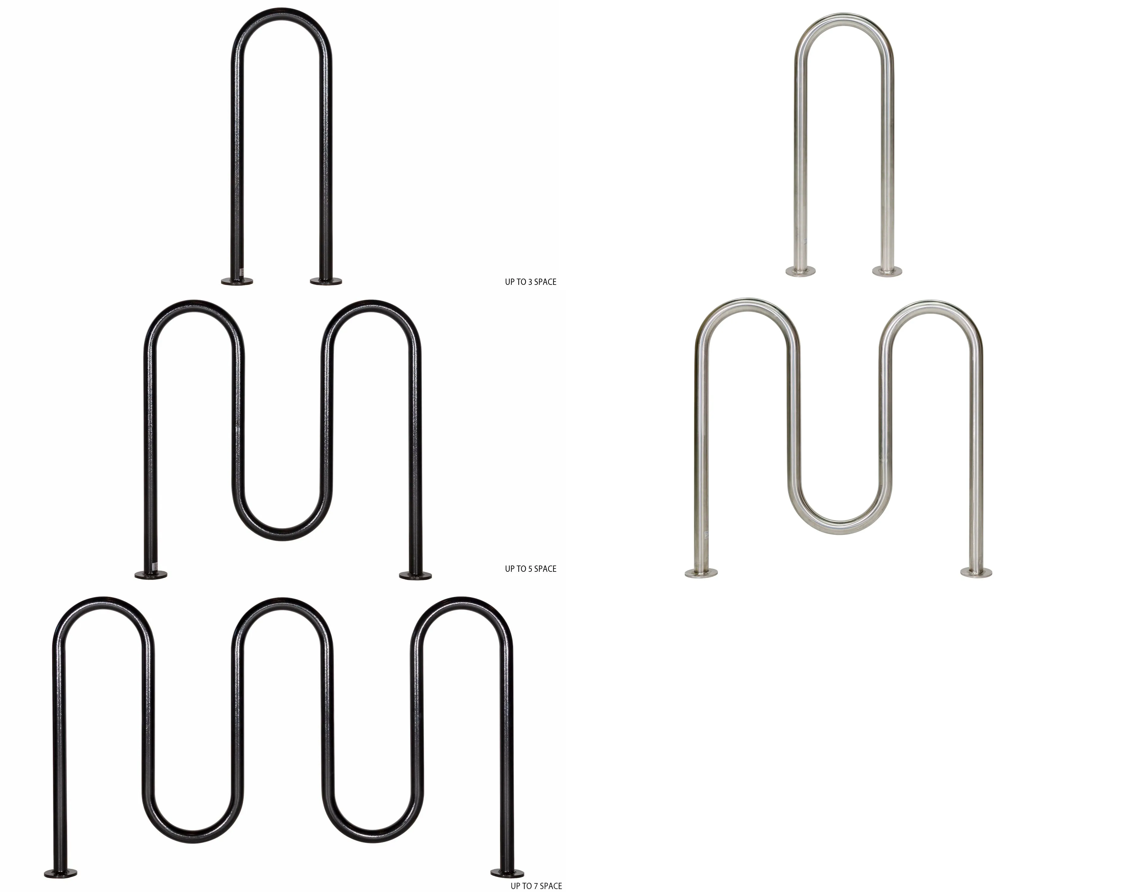Bike racks with varying capacities are shown in black powder coat and stainless steel finishes. These racks offer convenient and secure bicycle parking solutions.