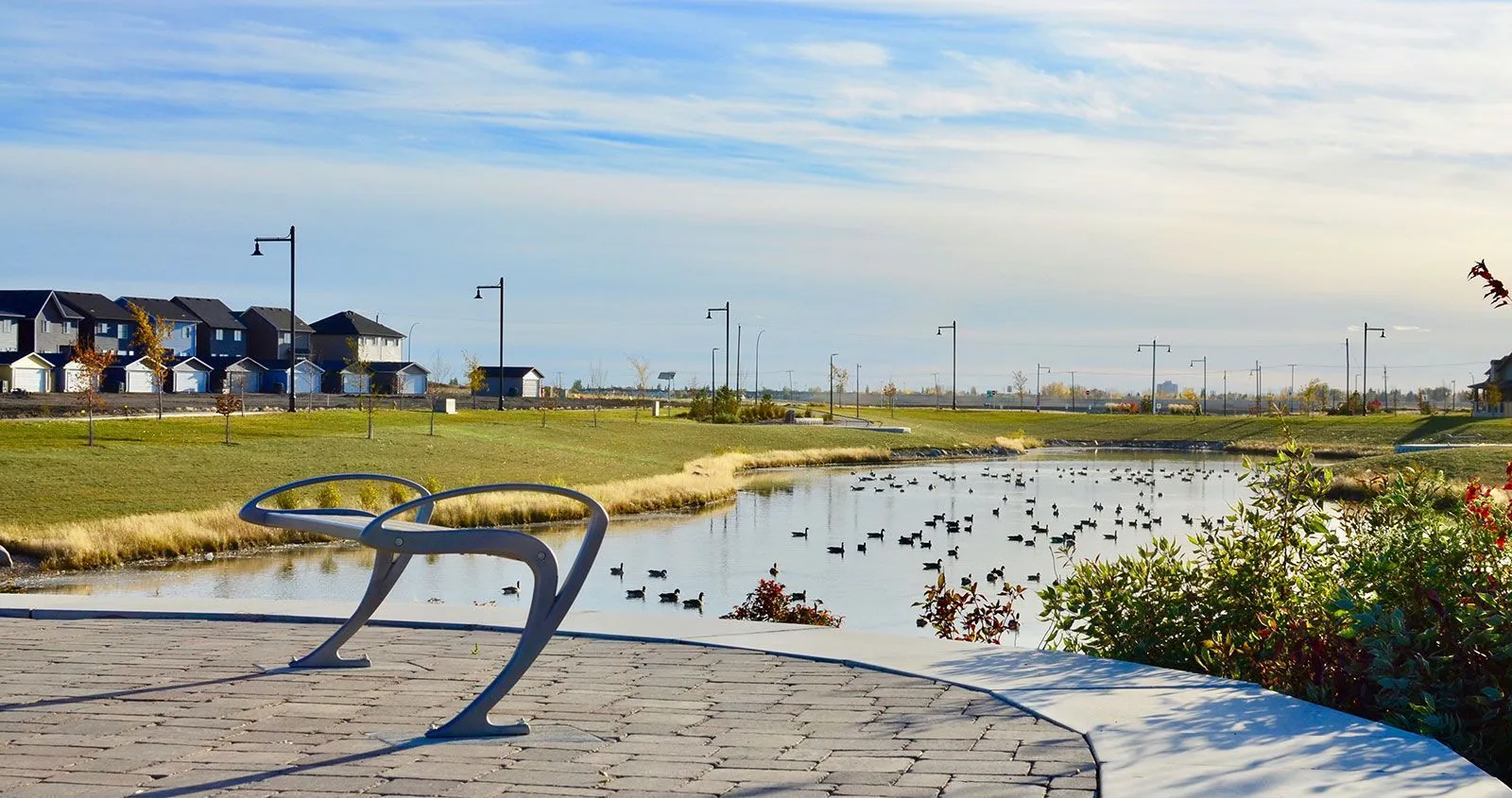 TENAJ straight bench overlooks a pond in a residential area. The bench features a curved metal frame and provides seating for public spaces.