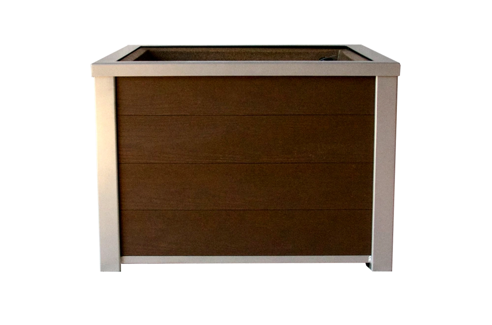 Urban Form self-watering square planter with redwood recycled plastic lumber and silver powder-coated frame. This planter is ideal for urban environments.