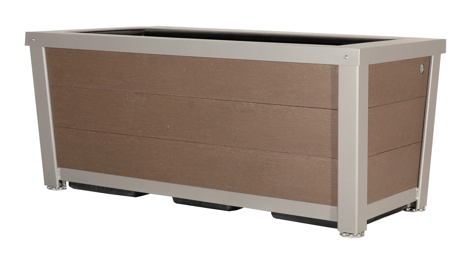 Urban Form self-watering tapered planter with recycled plastic lumber and a powder-coated frame. This planter features a modern design and is perfect for adding greenery to any outdoor space.
