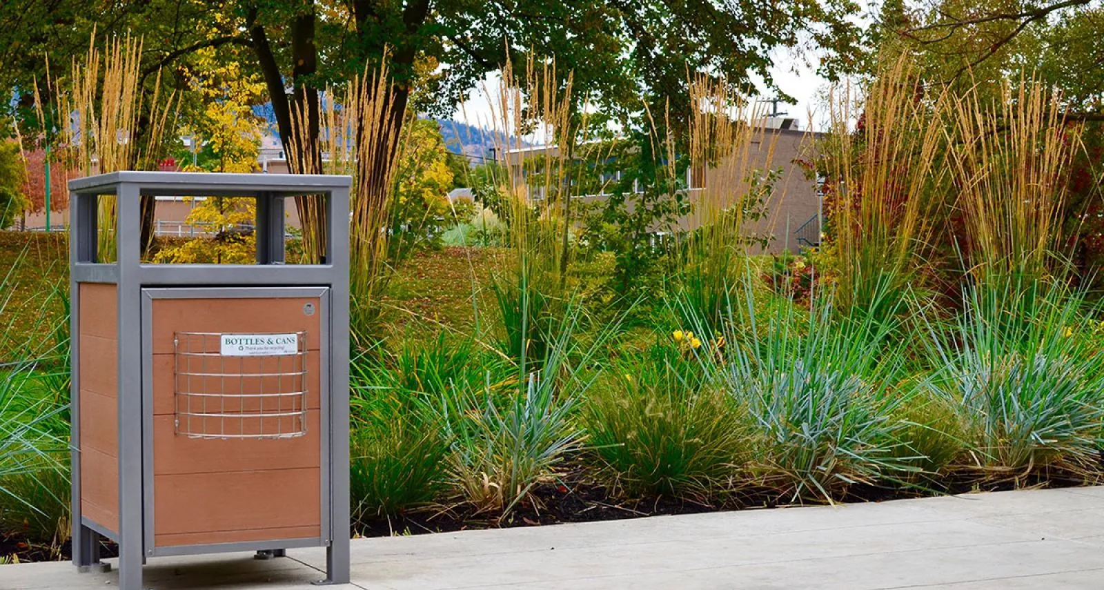 Urban Form easy access waste receptacle with a bottle and can recycling door in an outdoor setting. The receptacle features recycled plastic lumber and a powder-coated metal frame.