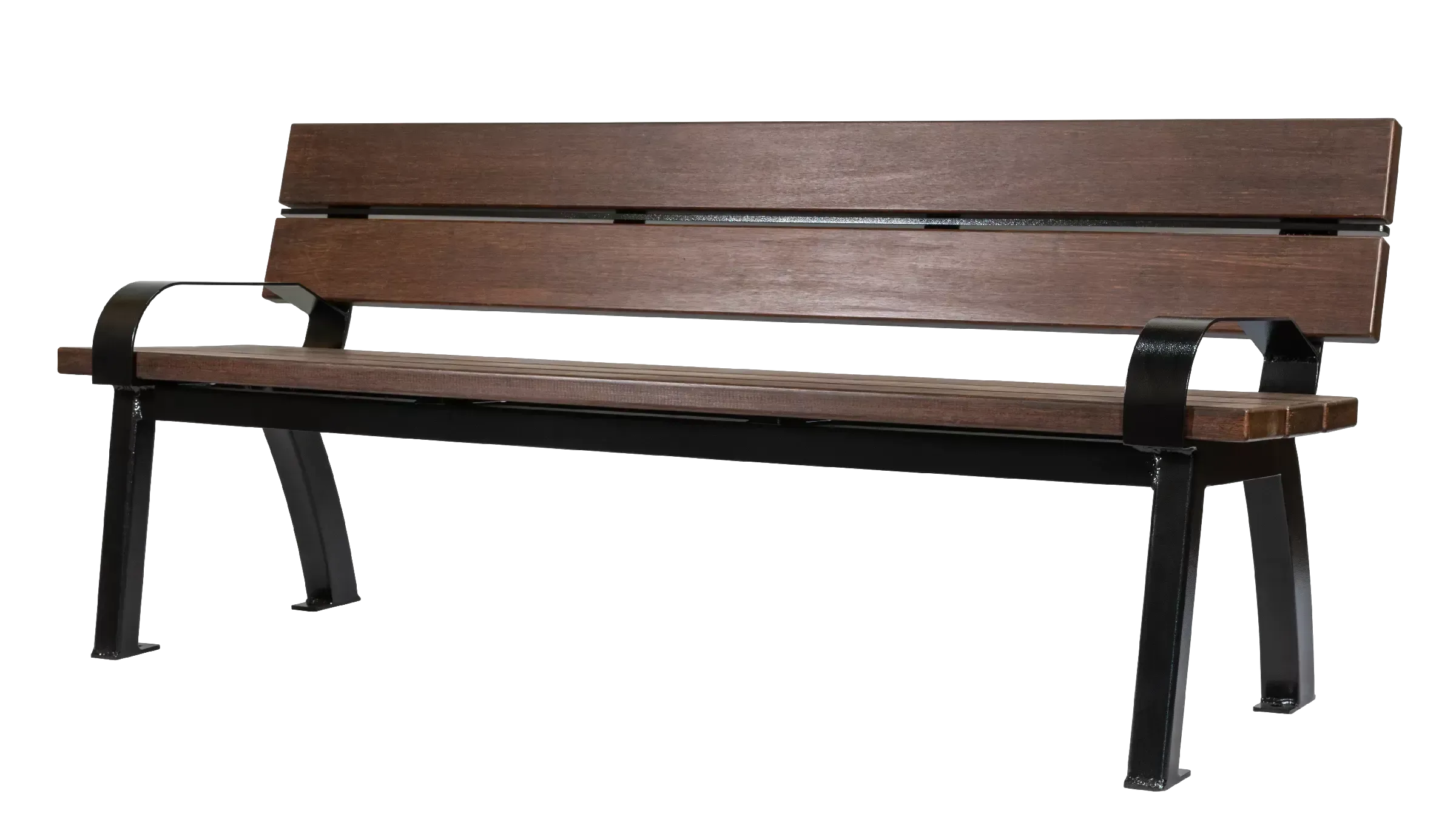 Aylesbury bench with a black powder-coated frame and hardened bamboo dark lumber seat and back. This bench offers comfortable seating for public spaces.