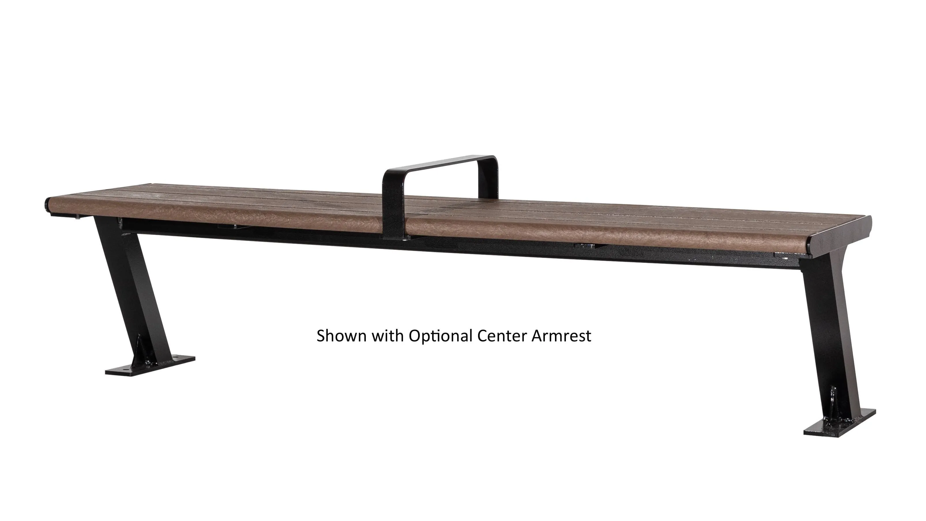 Bayside 6-foot straight bench with an optional center armrest. The bench features recycled plastic lumber and a powder-coated metal frame.