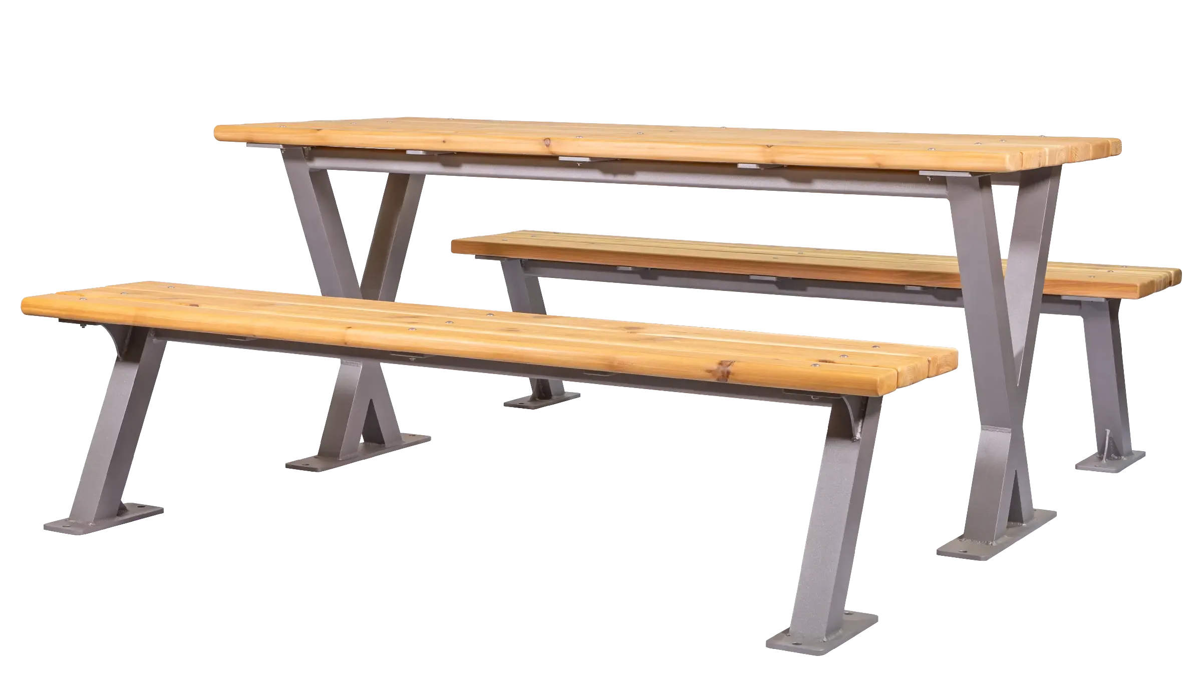 A Bayview picnic table with benches features natural wood-look lumber and a light gray powder-coated frame. This durable outdoor furniture provides a comfortable and stylish seating solution.