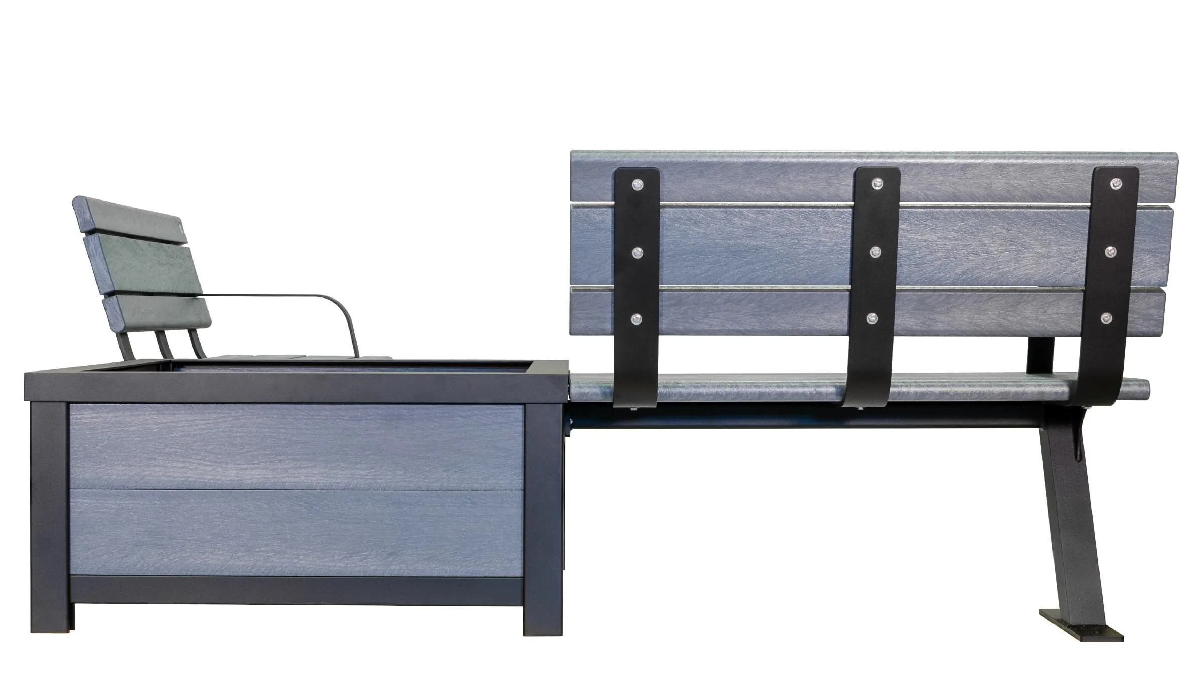 This Bayview Bench Planter Combo features recycled plastic lumber and a powder-coated metal frame. The bench and planter offer a stylish and sustainable seating solution.