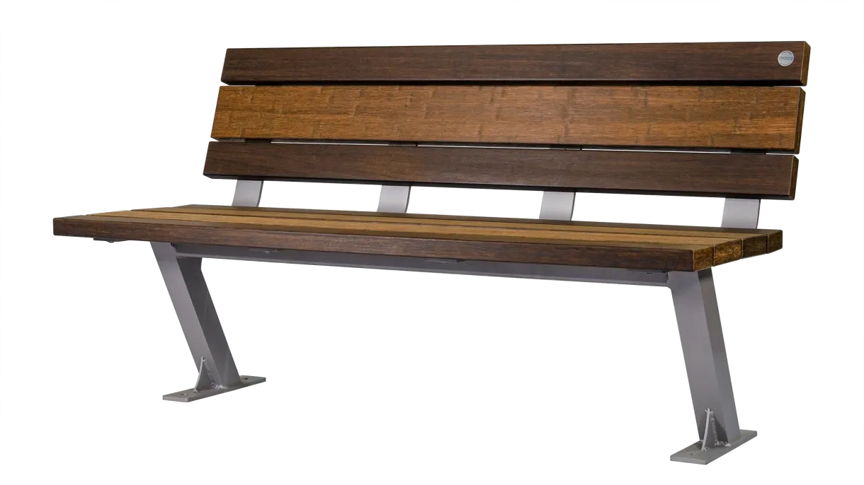 The Bayview bench features a sturdy metal frame and horizontal recycled plastic lumber slats for the seat and backrest. The bench offers comfortable seating for public spaces.