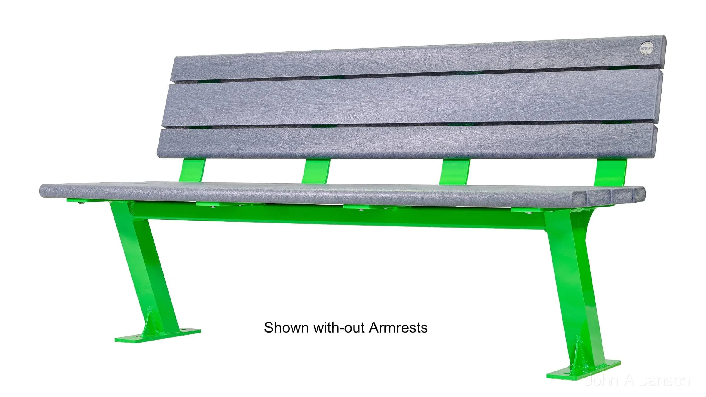 The Bayview bench offers comfortable seating for public spaces. It features recycled plastic lumber and a powder-coated frame.
