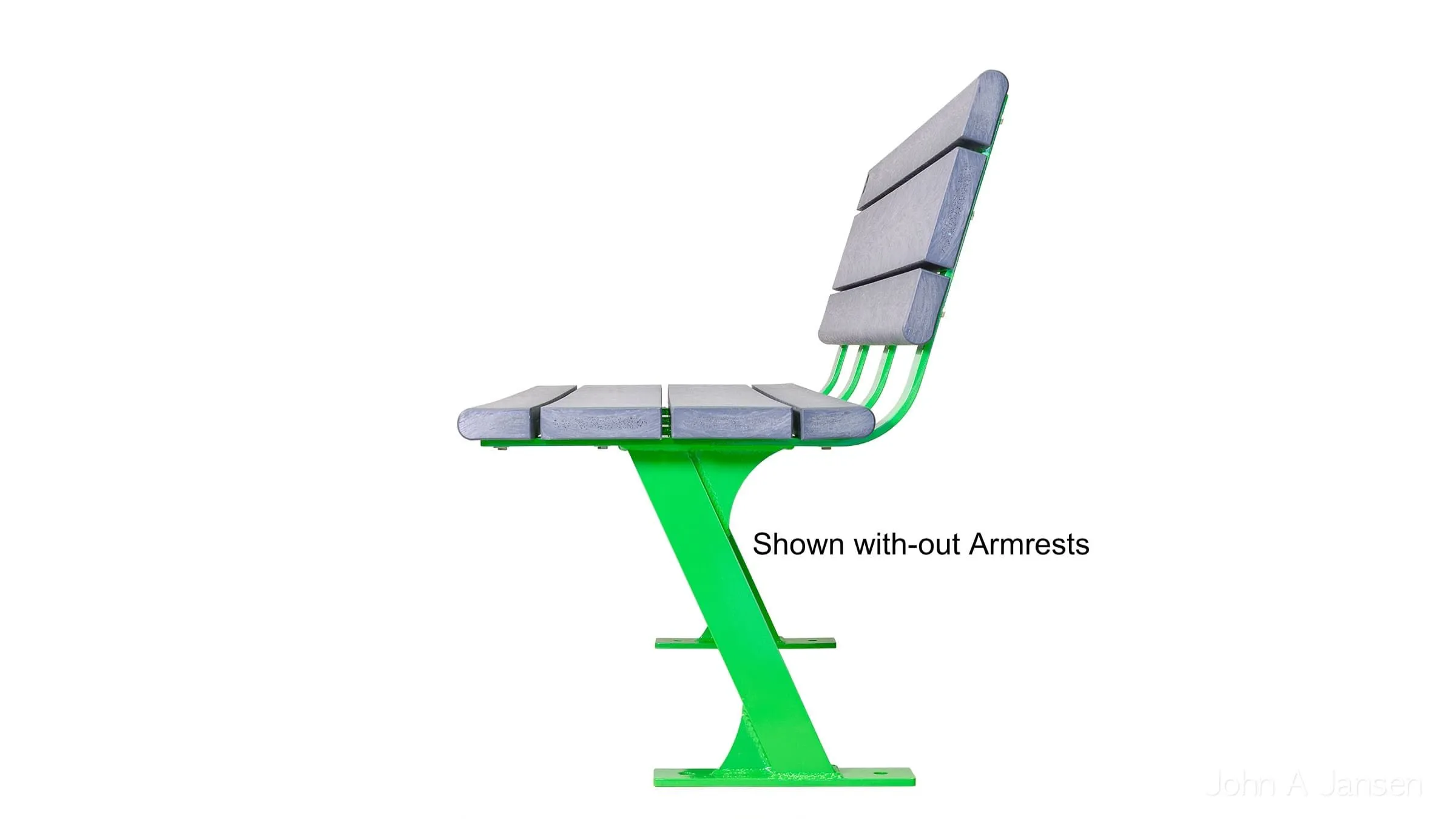 Bayview bench shown without armrests. This bench features recycled plastic lumber seat and back with a powder-coated metal frame.