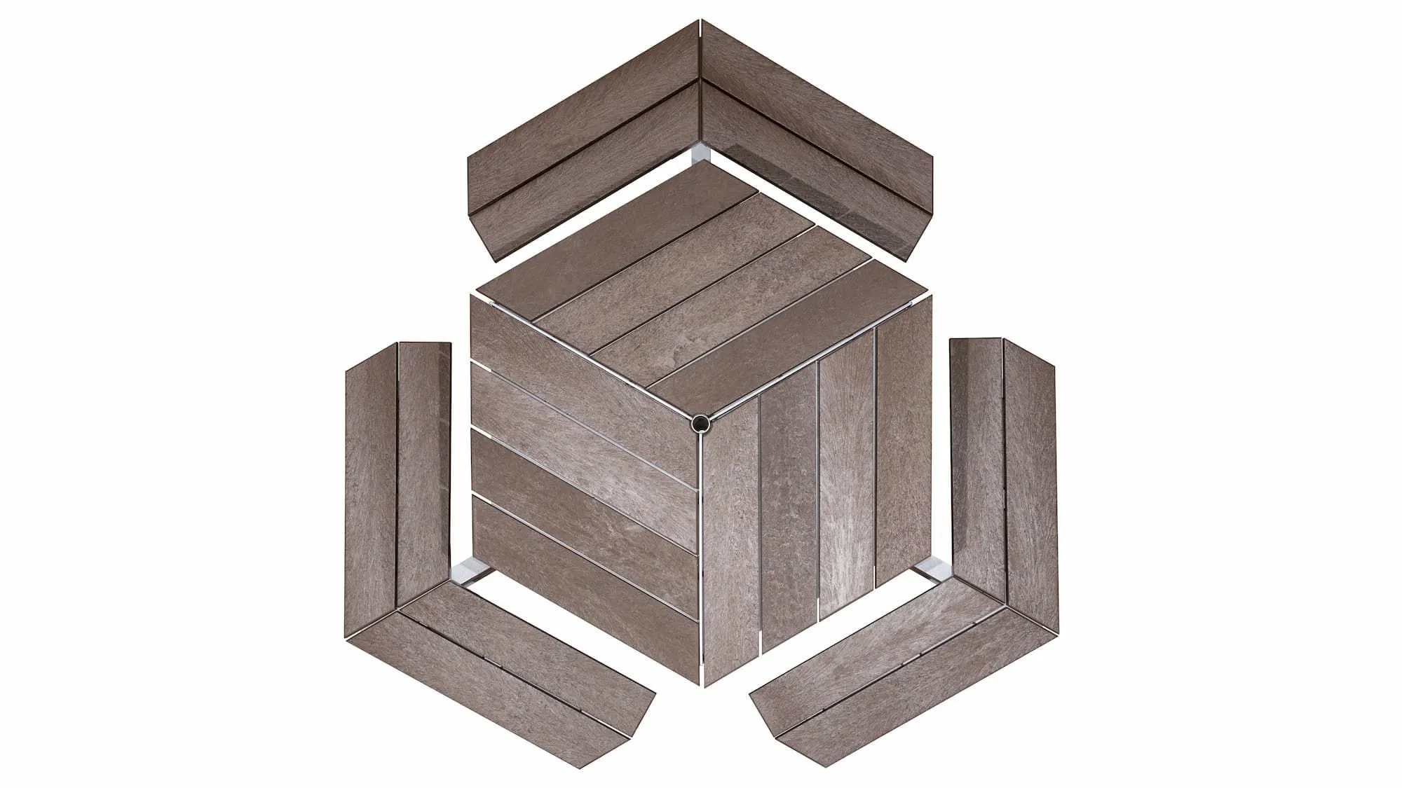 Top-down view of the Bayview Hexagonal Picnic Table, featuring recycled plastic lumber construction. This picnic table offers a unique and social outdoor dining experience.