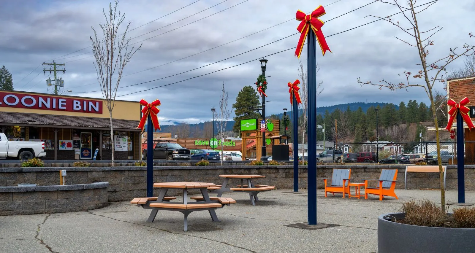 Bayview Hexagonal Picnic Tables create a welcoming outdoor space in Princeton, British Columbia. The tables offer a place for rest and relaxation in a public area.