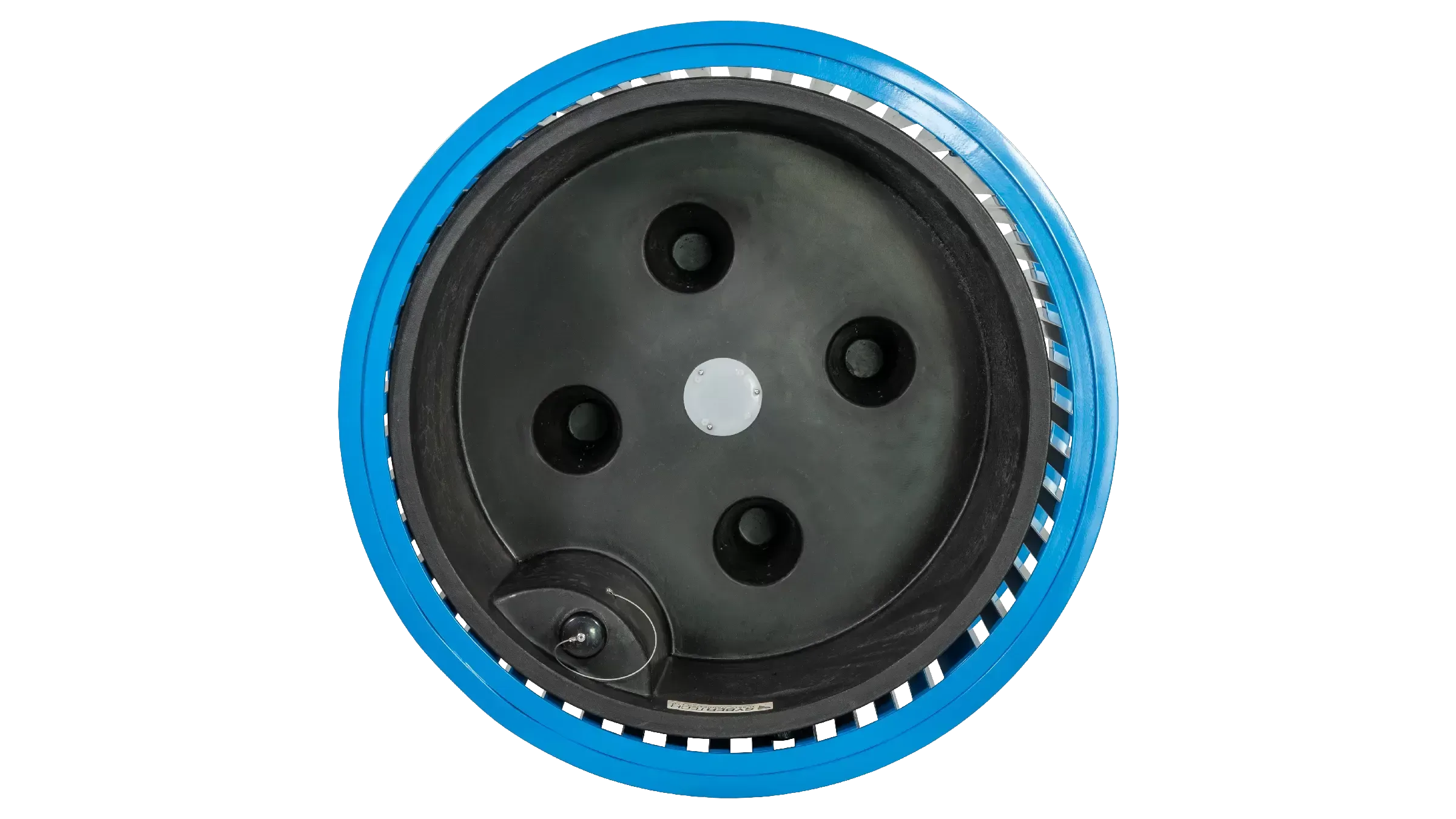 A top-down view of the Beselt Self Watering Round Planter, featuring a blue powder-coated frame and a black interior.