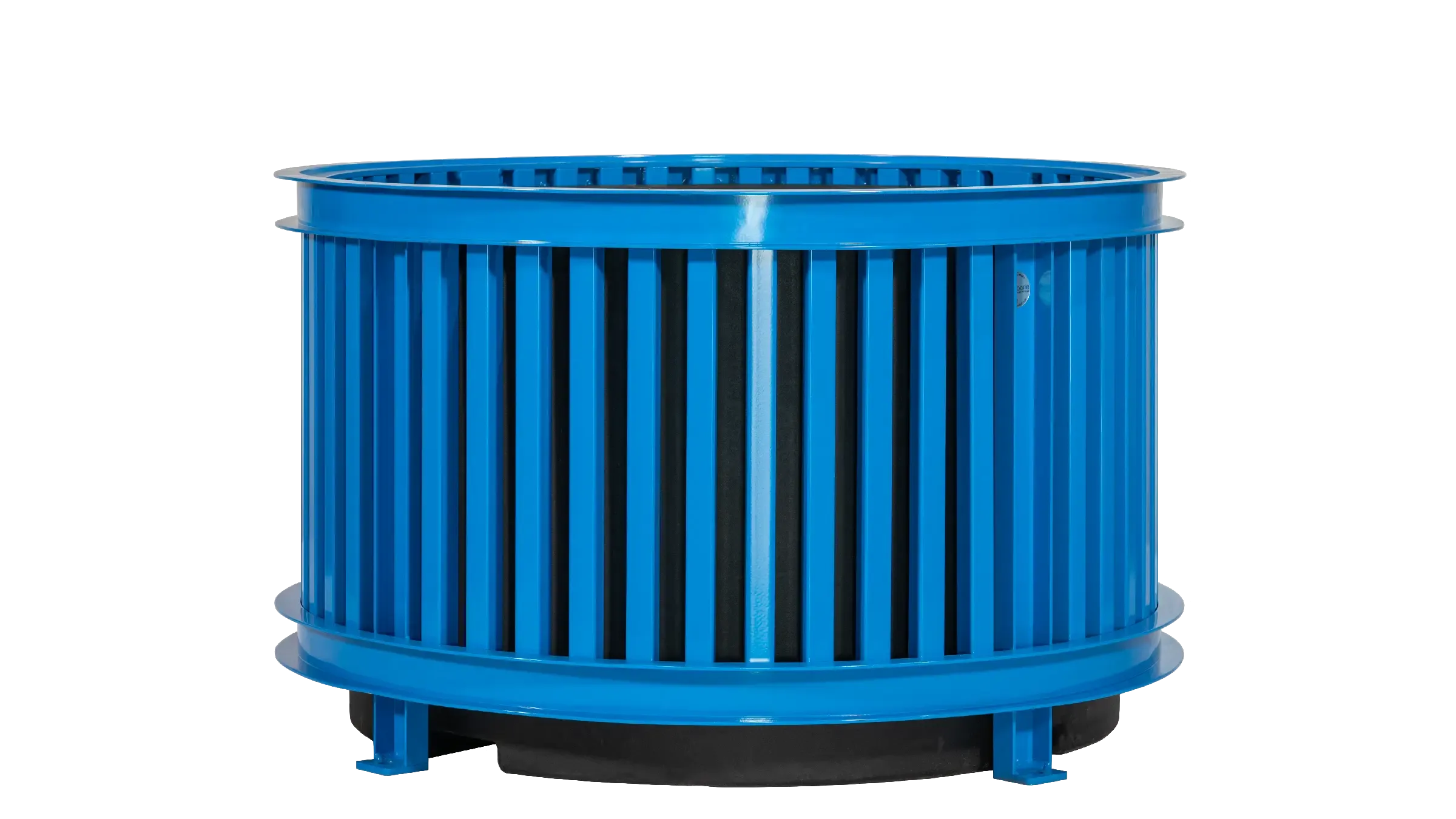 Round self-watering planter with a blue powder-coated finish. This planter features a slatted design and a durable construction.