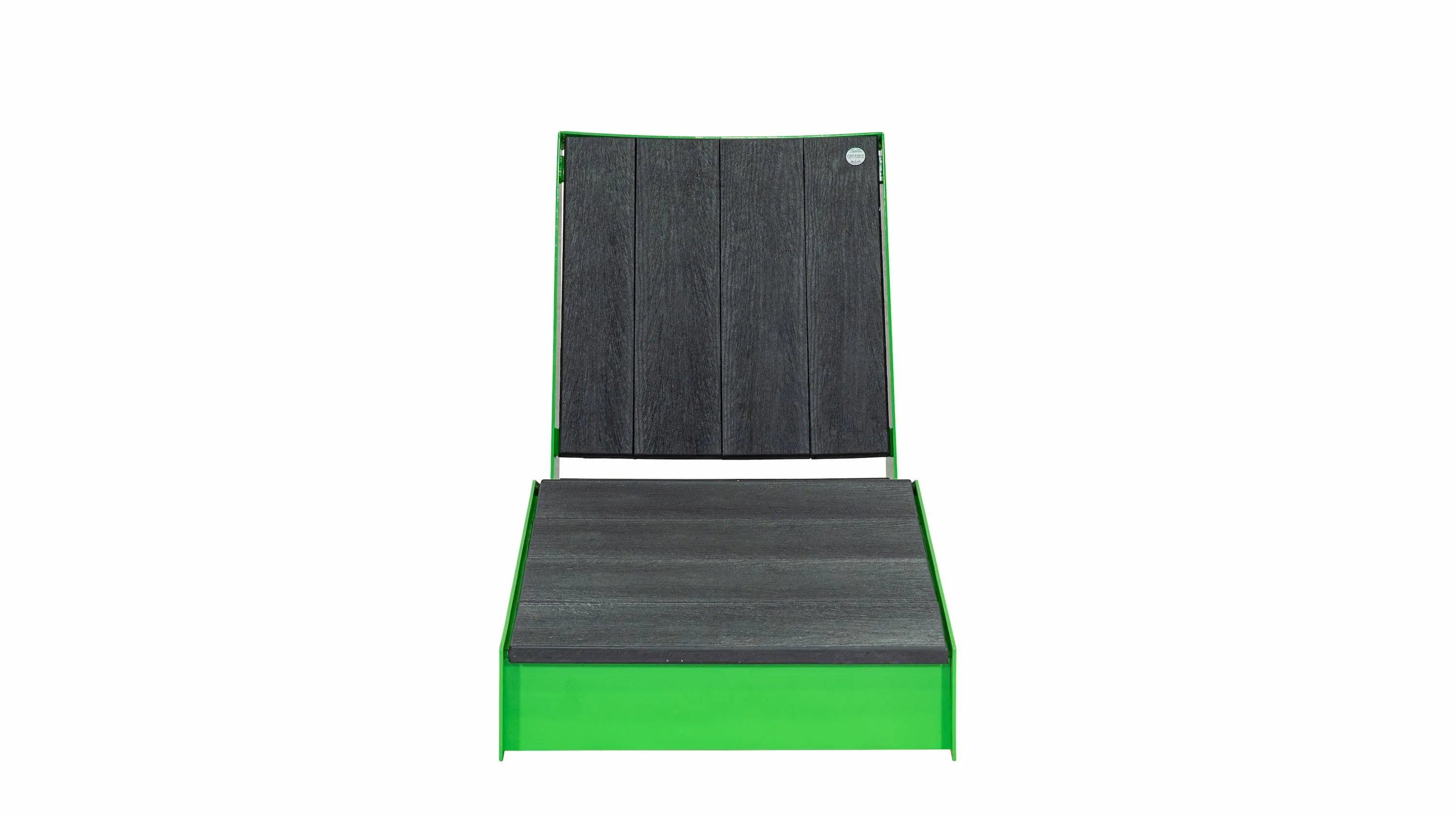 This chaise lounger features recycled plastic lumber and a powder-coated metal frame. The design offers a comfortable and stylish seating option for outdoor spaces.
