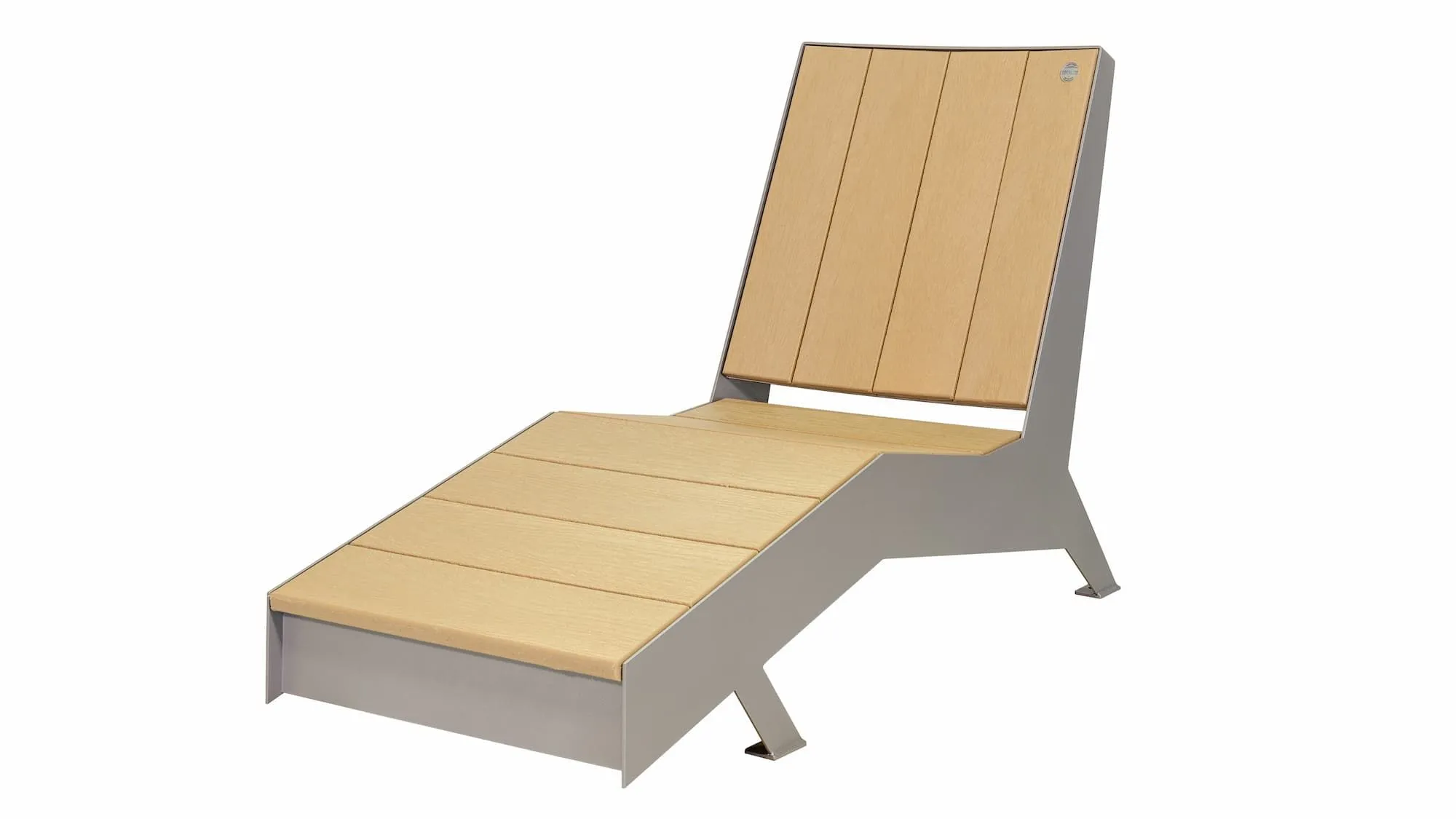 The Jem Chaise Lounger offers a comfortable place to relax outdoors. It features recycled plastic lumber slats and a powder-coated metal frame.