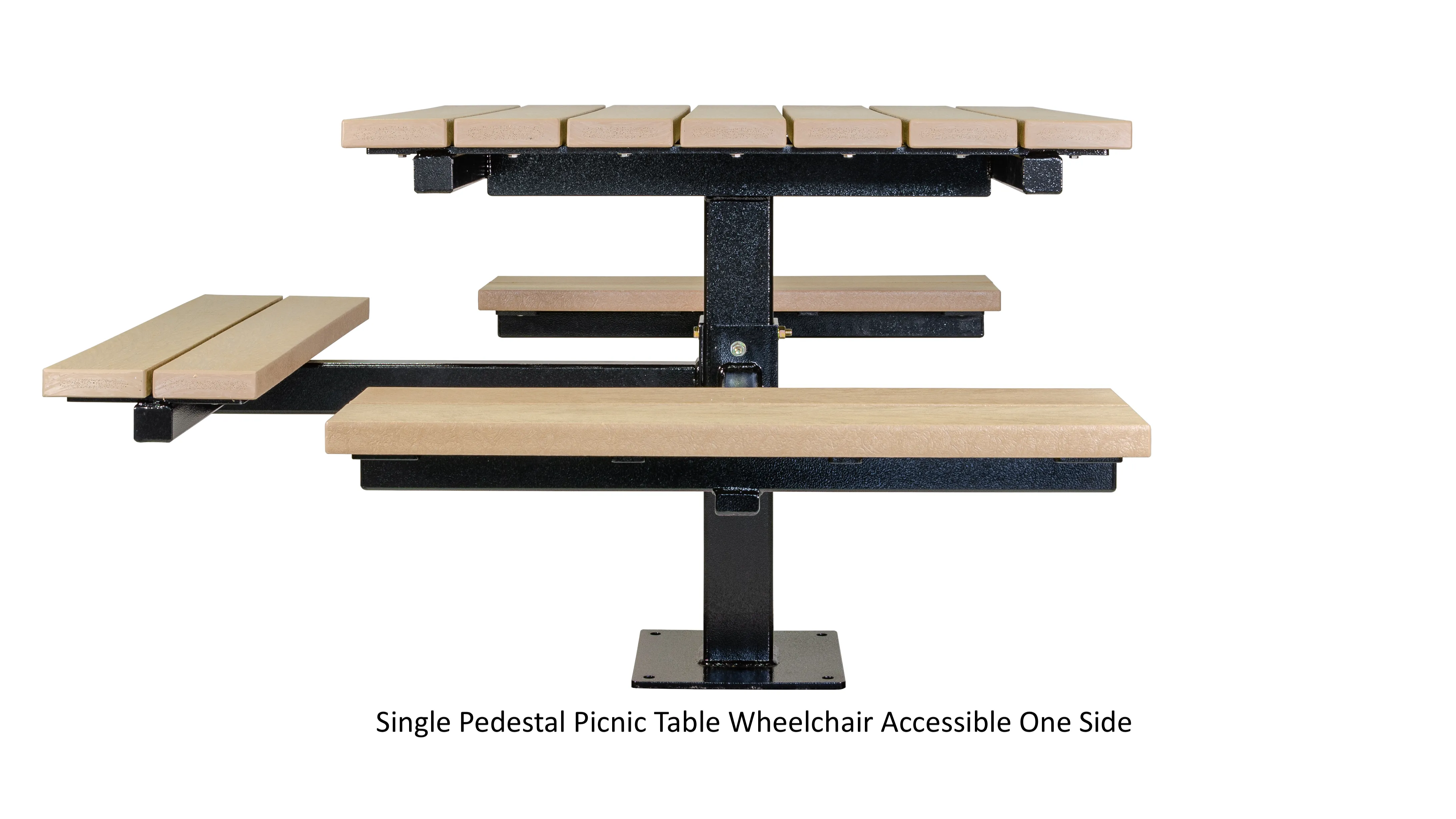 Single pedestal picnic table with wheelchair accessibility on one side. The table features recycled plastic lumber and a powder-coated metal frame.