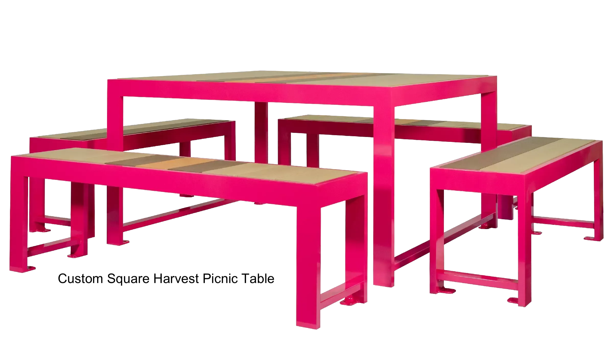This square picnic table features a hot pink powder-coated frame and a recycled plastic lumber tabletop and seats with a striped pattern.