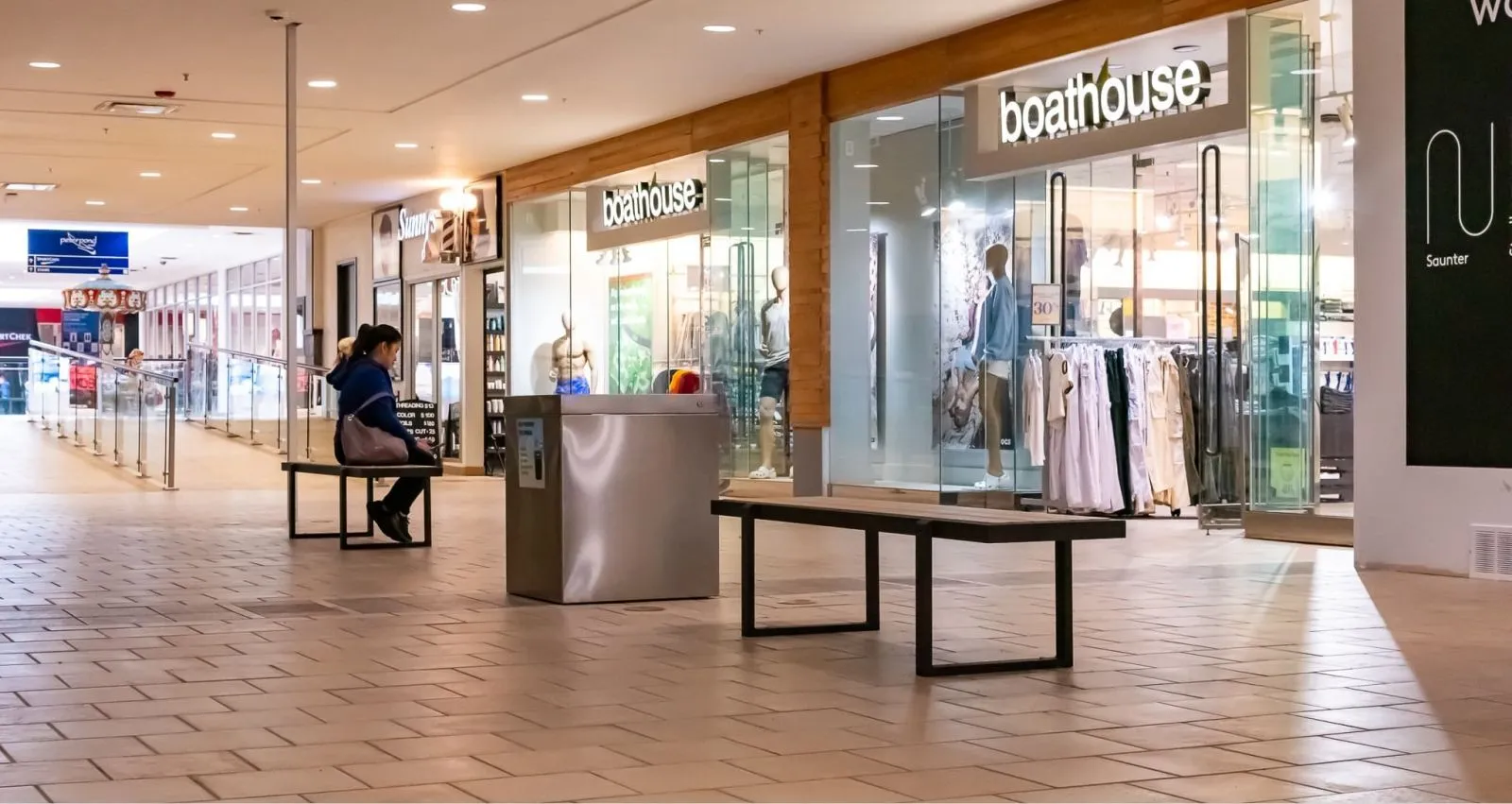 Backless benches provide seating in the Peter Pond Mall in Fort McMurray, Alberta. The benches offer a place to rest while shopping.
