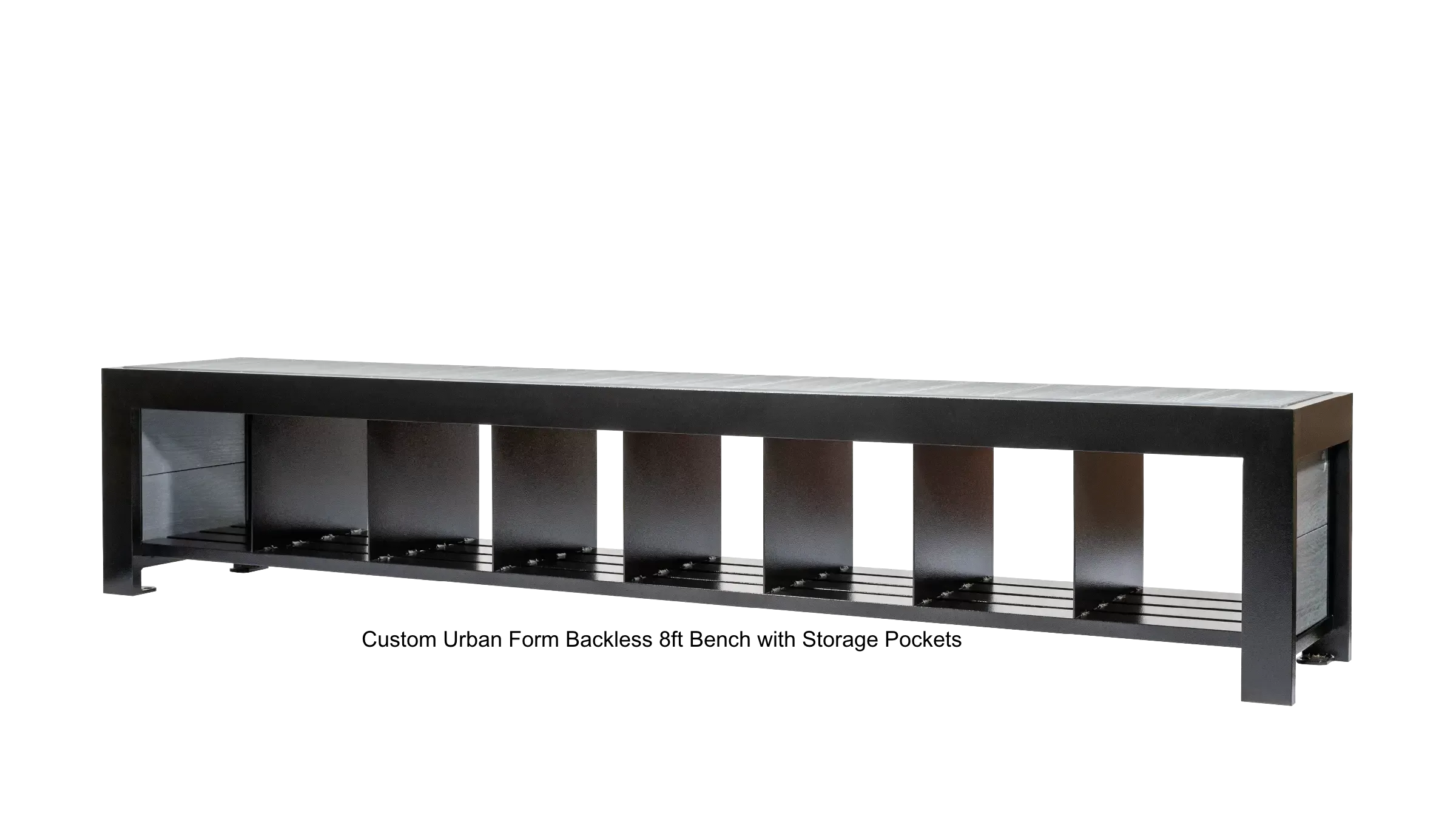 This backless bench features a sleek, modern design with a storage pocket below the seat. The bench is constructed with recycled plastic lumber and a powder-coated metal frame.