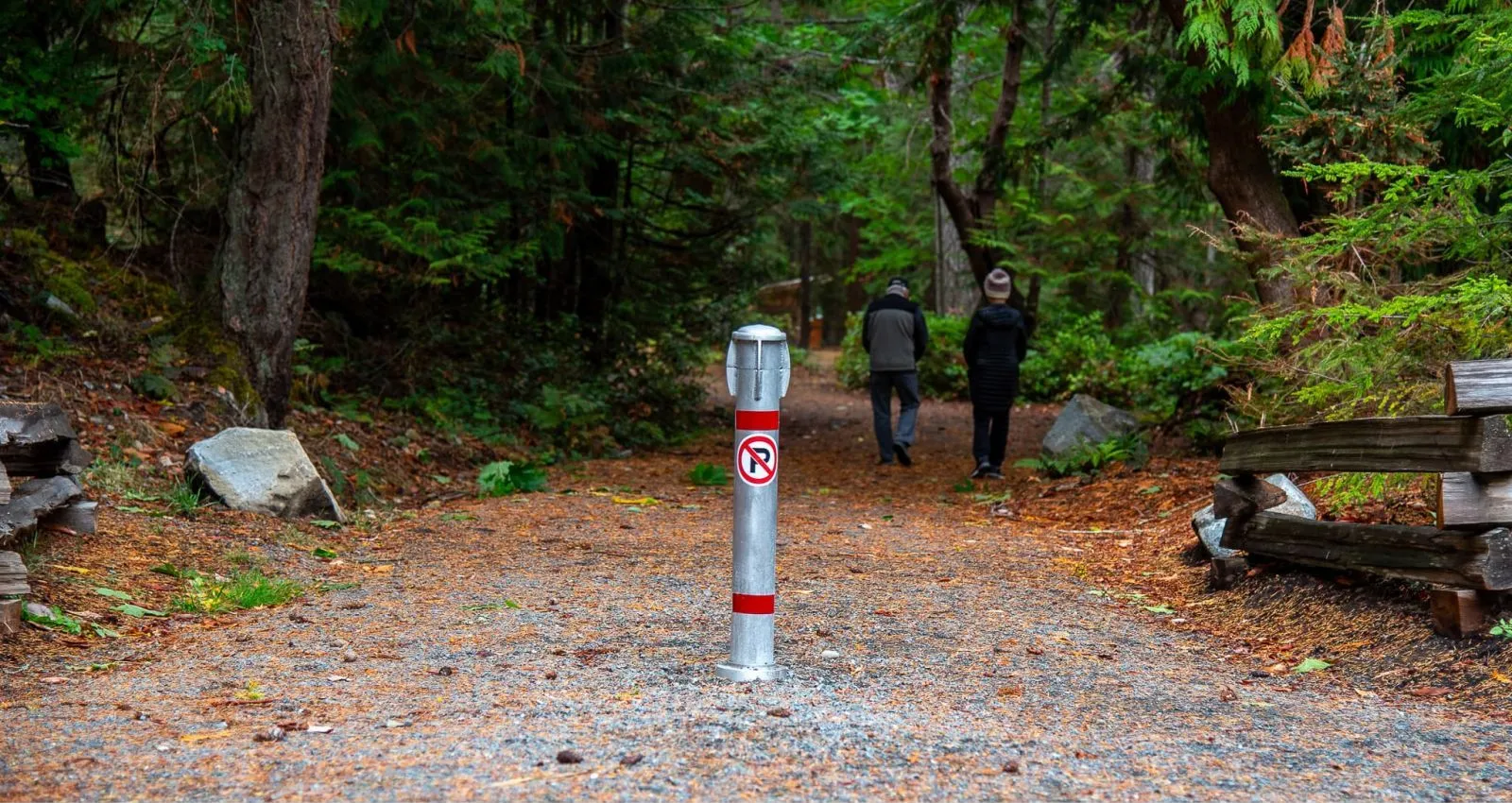 Denman Twist Lock Removable Bollard marks the entrance to a trail in Moorecroft Regional Park. The bollard is silver with red reflective bands.