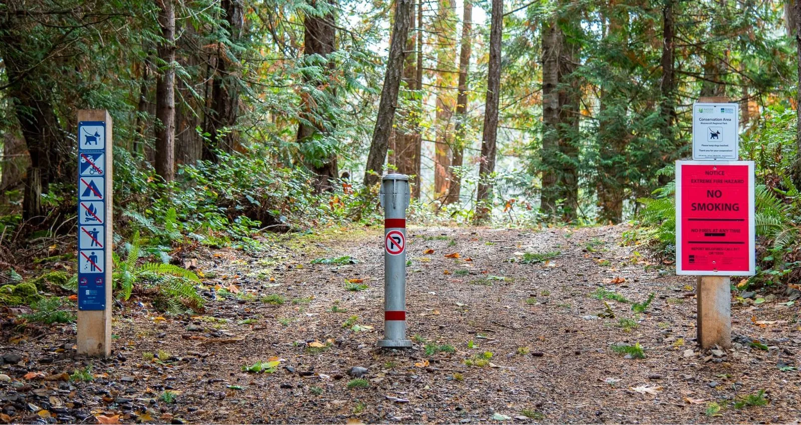 Trail markers and signage guide visitors through Moorecroft Regional Park near Parksville, British Columbia. The bollard features a twist-lock removable design.