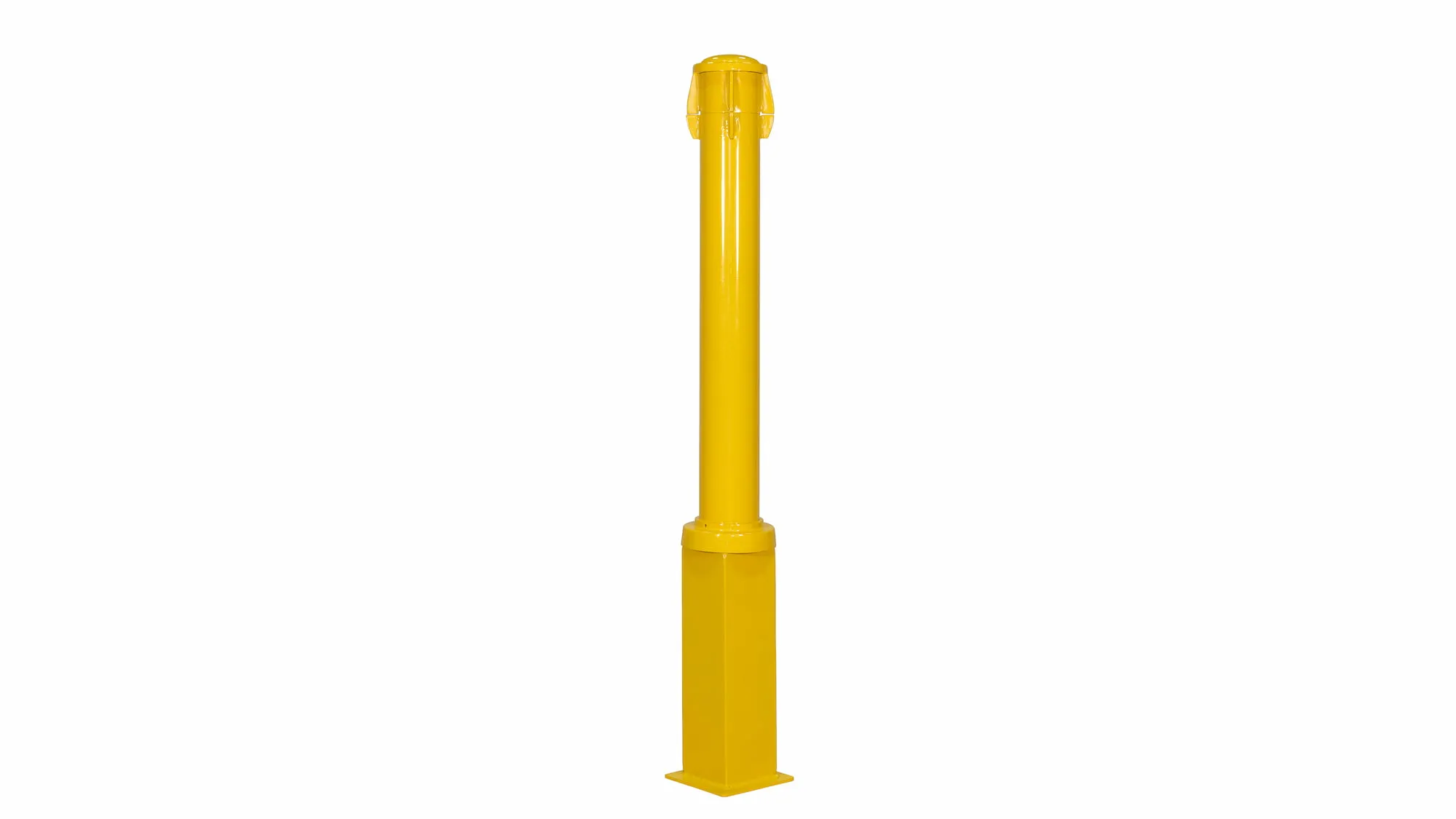 Denman Twist Lock Removable Bollard in a bright yellow powder coat finish. This bollard provides temporary access control and security.