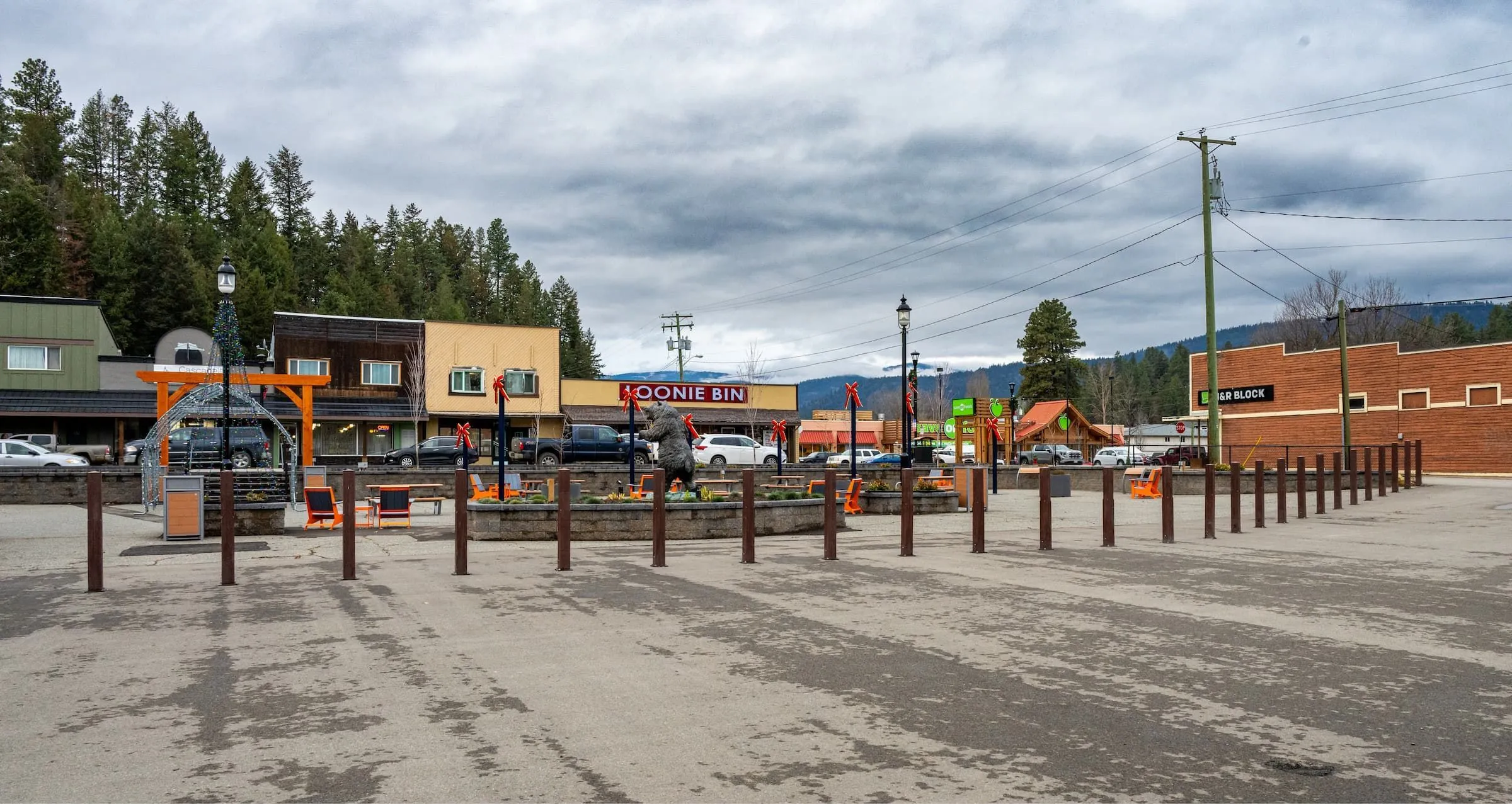 Diamond Top Bollards line a public square in Princeton, British Columbia. The bollards provide pedestrian safety and enhance the streetscape.