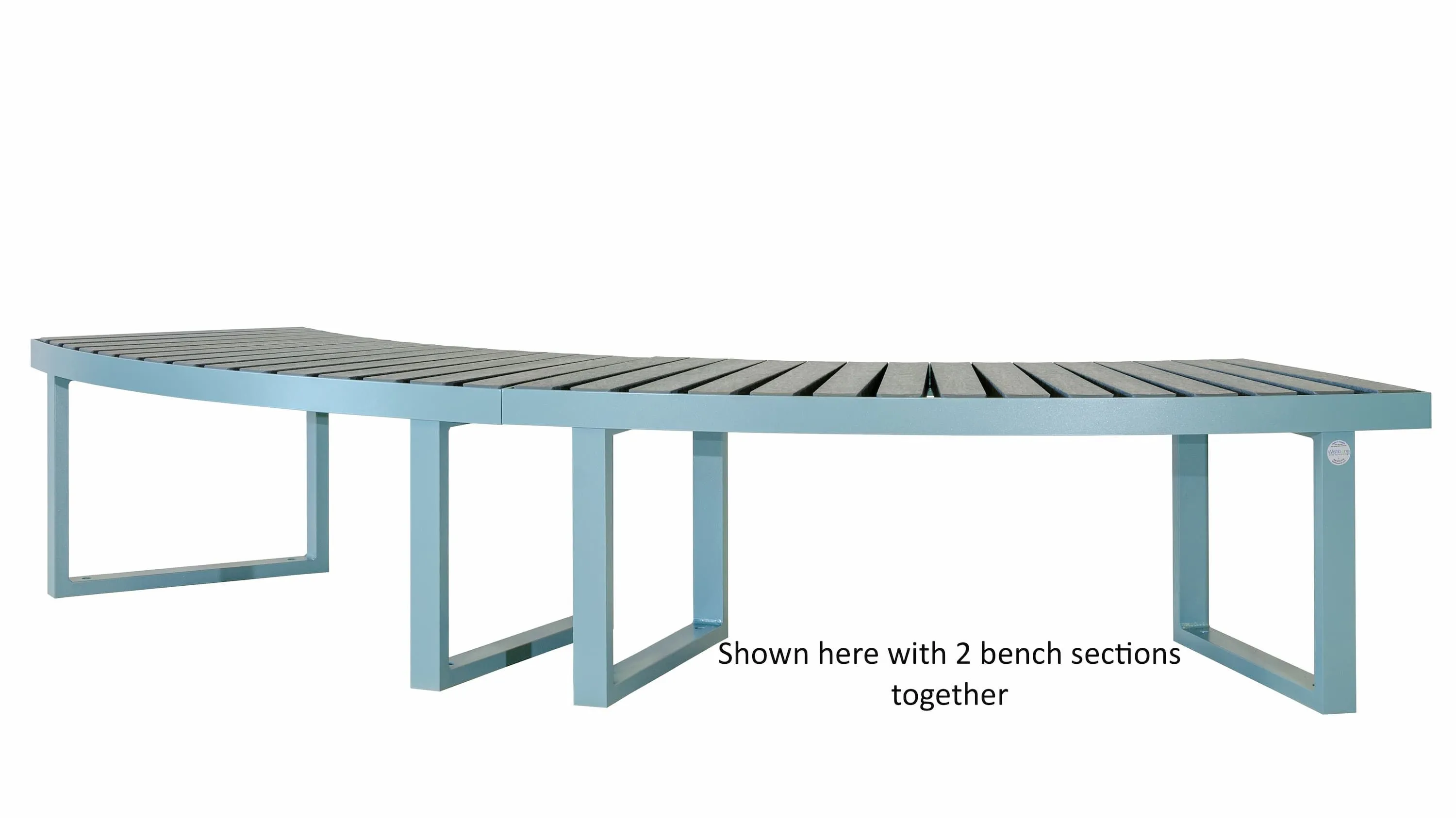 Curved park bench with recycled plastic lumber slats and a powder-coated metal frame. This modular bench can be configured with multiple sections to create a longer seating area.