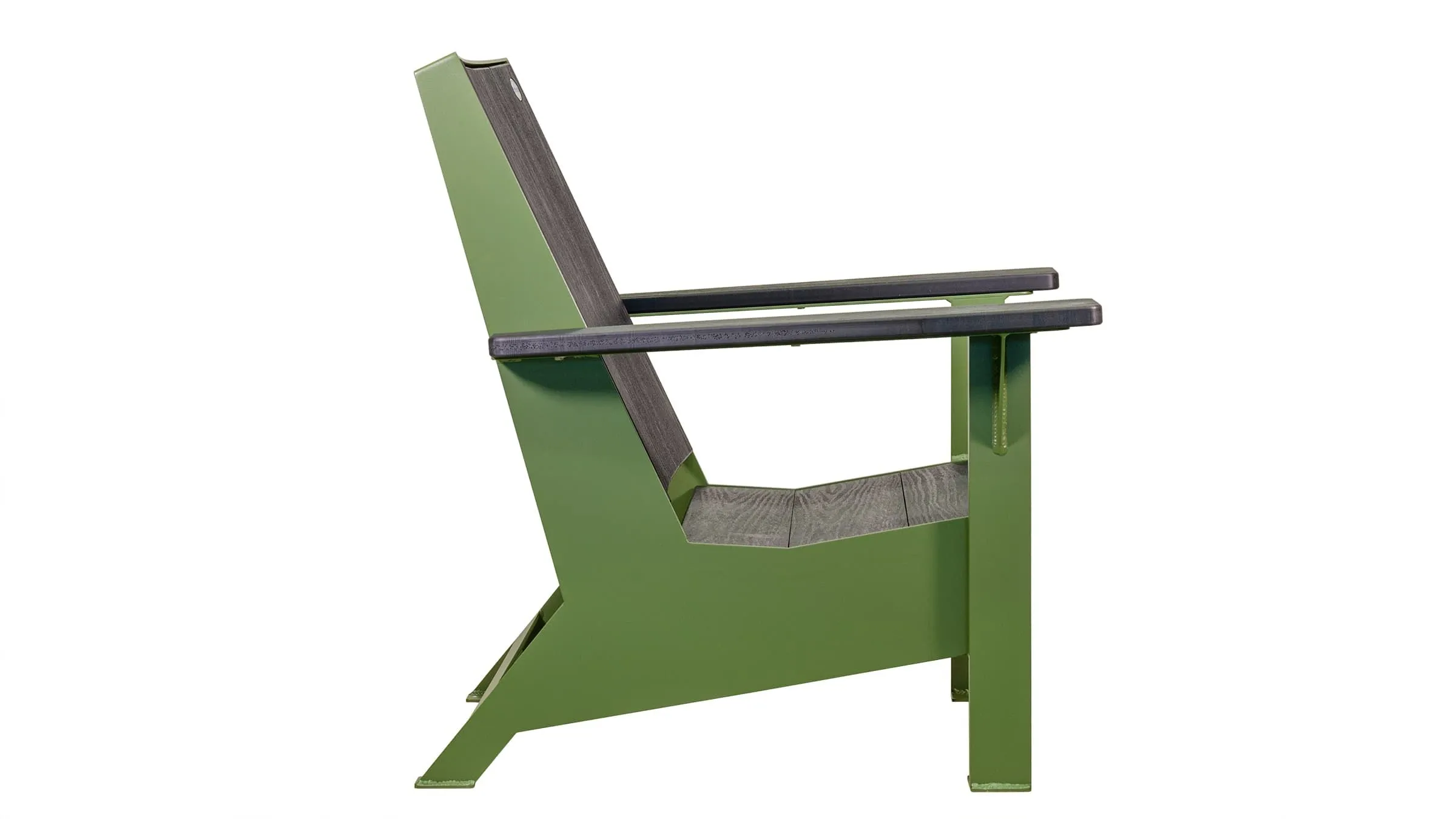 The JEM Lounge Chair features a modern design with recycled plastic lumber seat and armrests, and a powder-coated metal frame. This comfortable and stylish chair is perfect for relaxing outdoors.