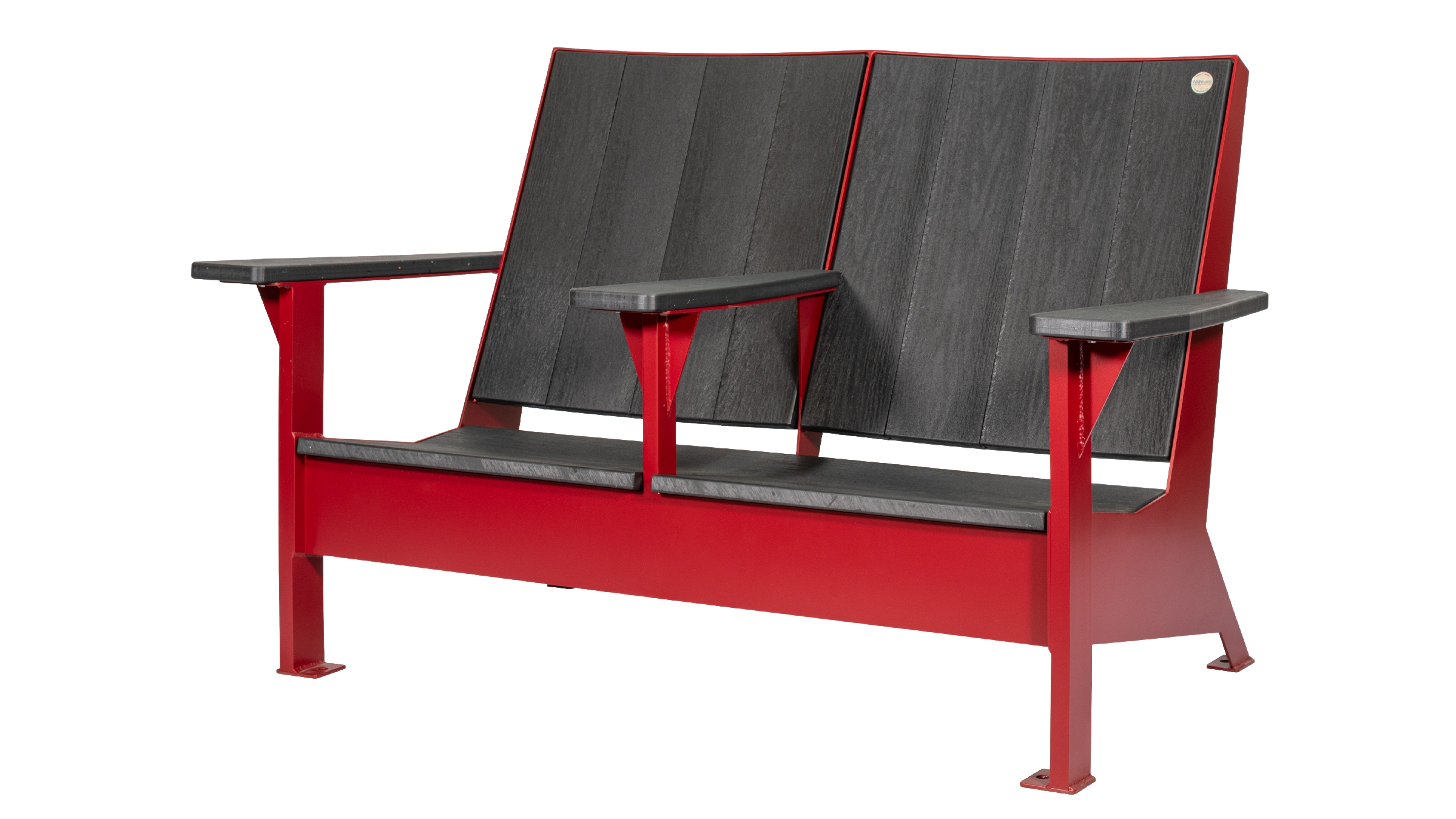 The JEM Love Seat features recycled plastic lumber seating and a powder-coated metal frame. This comfortable bench is perfect for parks, gardens, or any outdoor space.