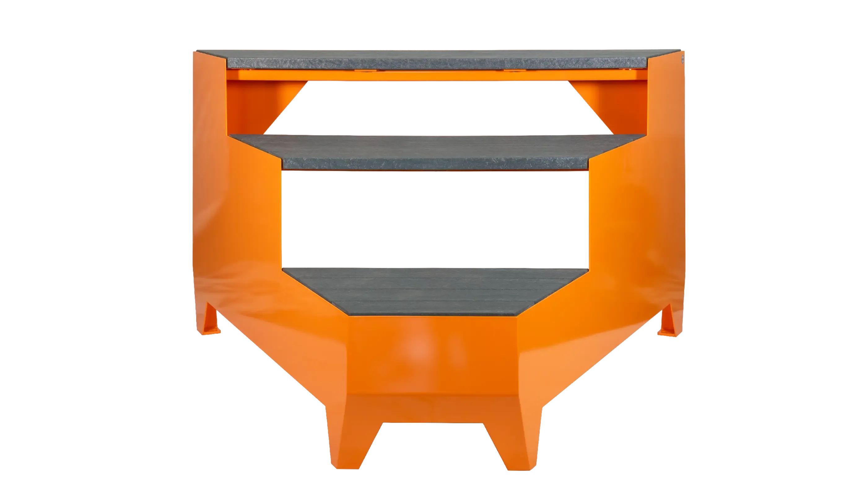 The Perma-Step is a three-step structure made with recycled plastic lumber and powder-coated metal. It features a modern design and is perfect for outdoor use.