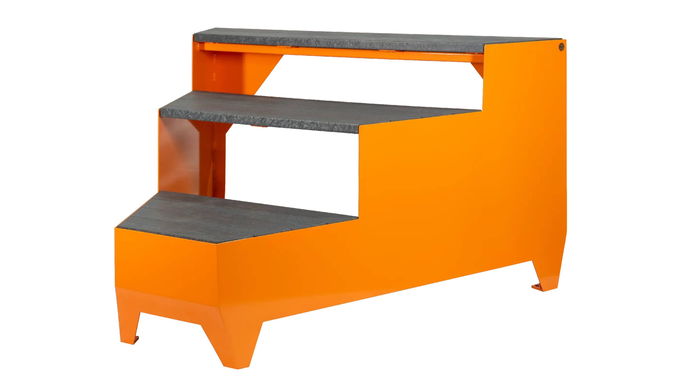 Three-step unit featuring recycled plastic lumber treads and a powder-coated metal frame. This versatile step unit provides easy access and a modern aesthetic.