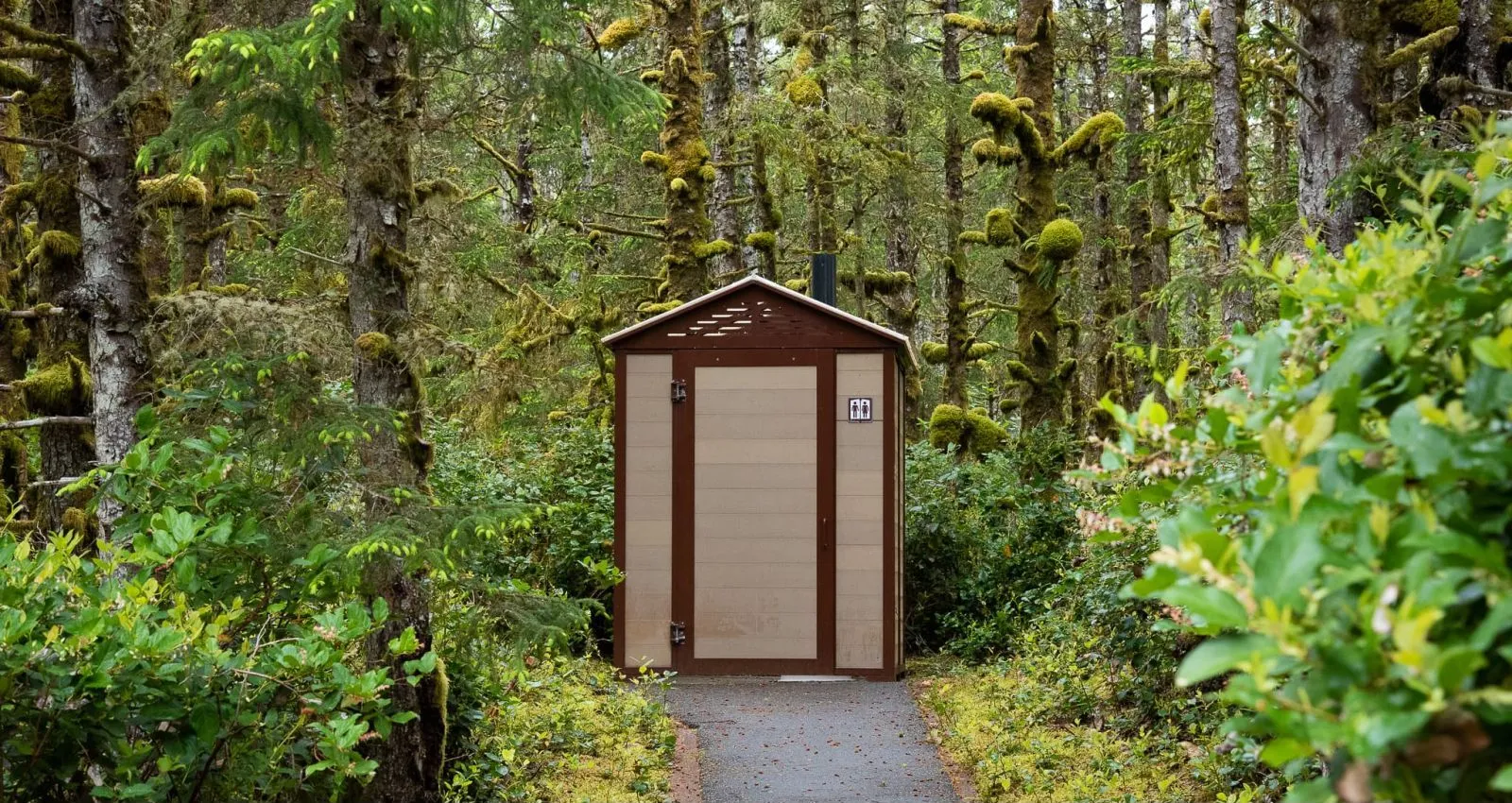 A single-stall outhouse stands on a paved path in a lush forest setting. The building features light-colored siding with dark brown trim.