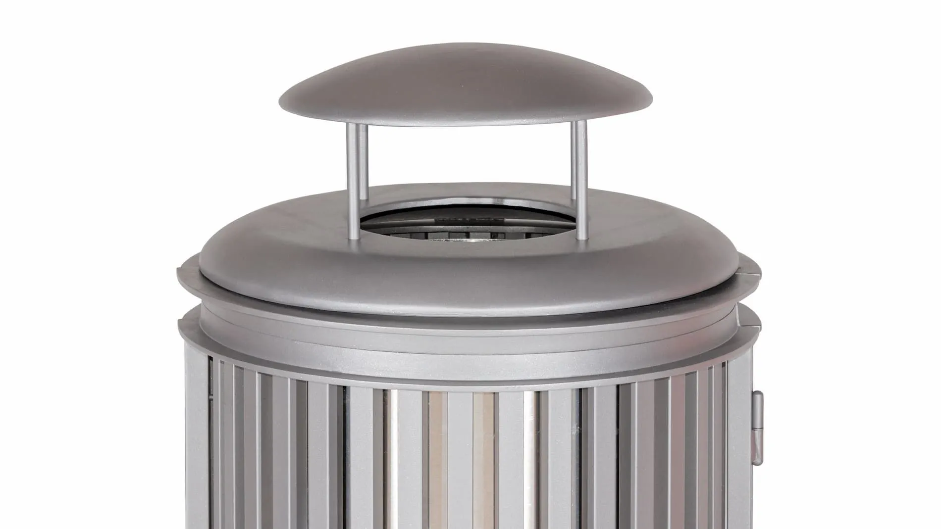 Large capacity waste receptacle with a domed lid and vertical slat design. This durable bin is ideal for high-traffic public spaces.