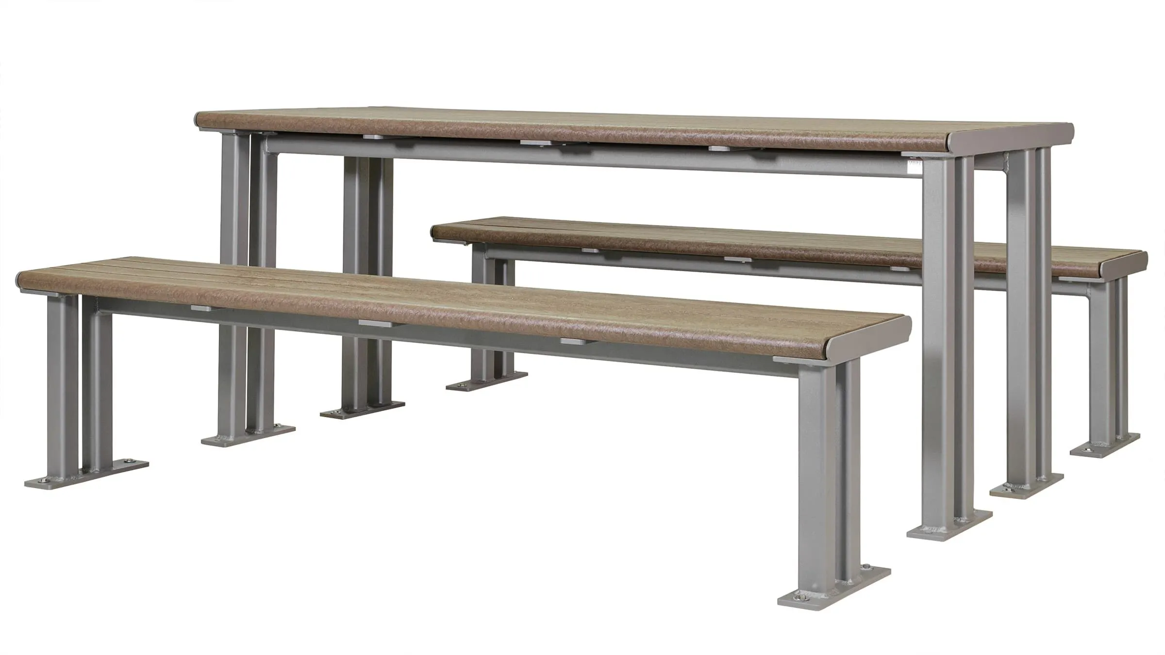 Larson picnic table with benches, featuring recycled plastic lumber and a powder-coated metal frame. Ideal for outdoor dining and gathering spaces.