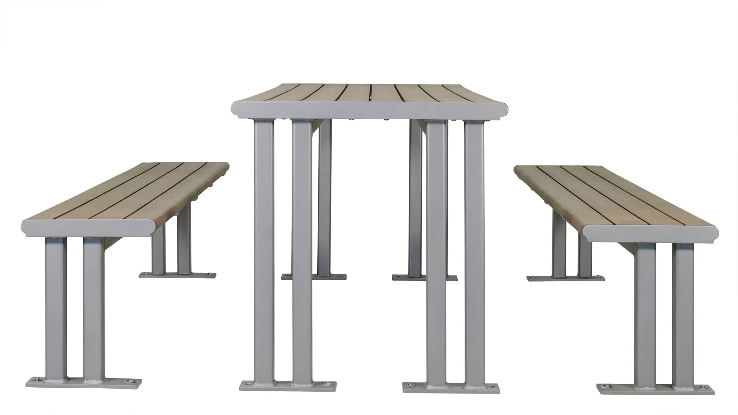 Larson picnic table with recycled plastic lumber and powder-coated metal frame. This durable outdoor table set provides comfortable seating for parks, schools, and commercial spaces.