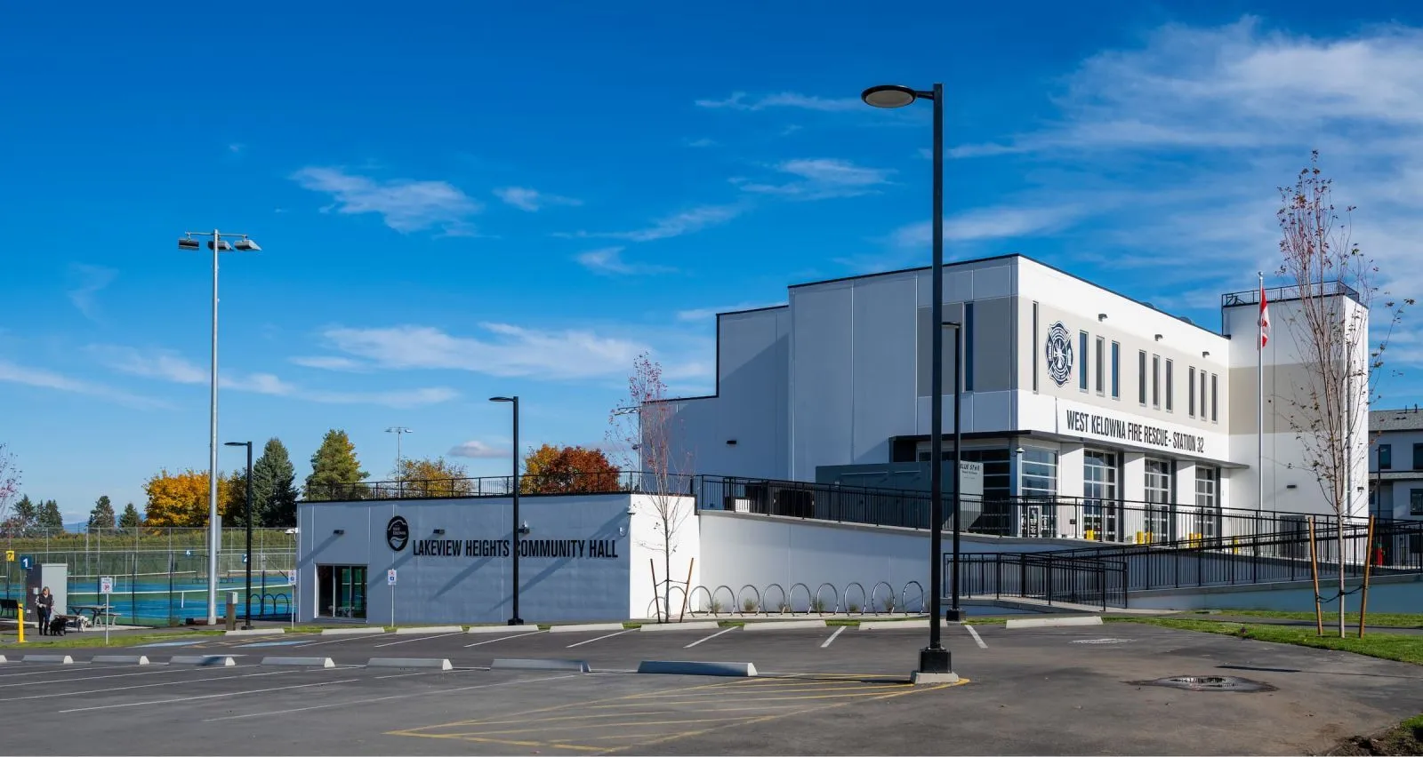 Bike racks provide convenient parking at the Lakeview Heights Community Hall and West Kelowna Fire Rescue Station 32 in British Columbia. The loop style racks offer secure storage for bicycles.