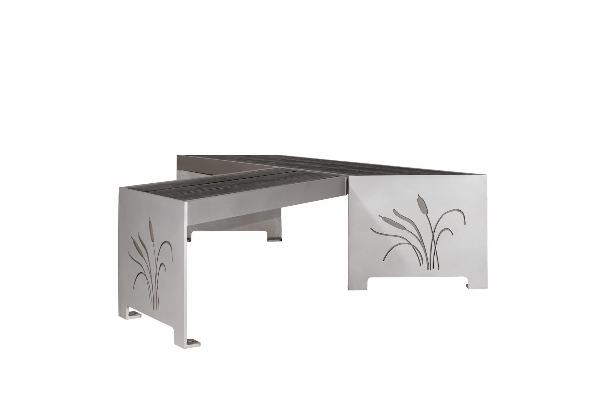 Backless bench with a reed design cut into the metal frame and recycled plastic lumber seat.