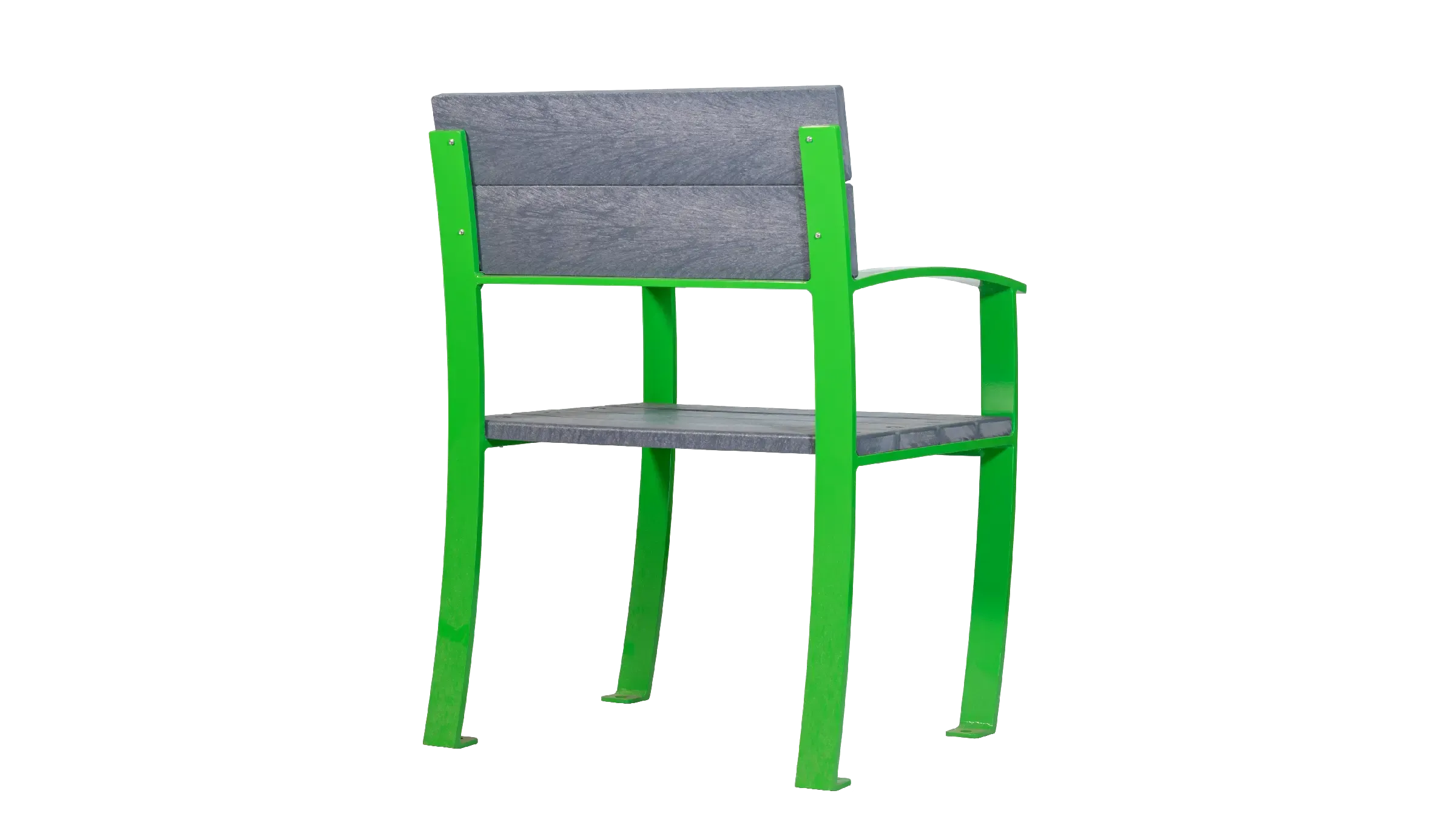 Mena chair with a bright green frame and grey recycled plastic lumber seat and back. This chair offers a comfortable and stylish seating option for outdoor spaces.