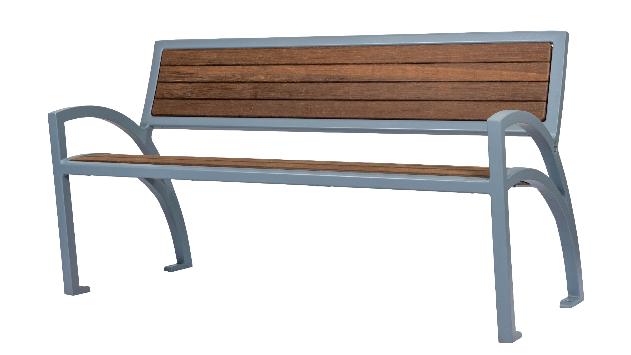 Modena bench with a powder-coated metal frame and horizontal slats made of hardened bamboo. This bench provides comfortable seating for public spaces.