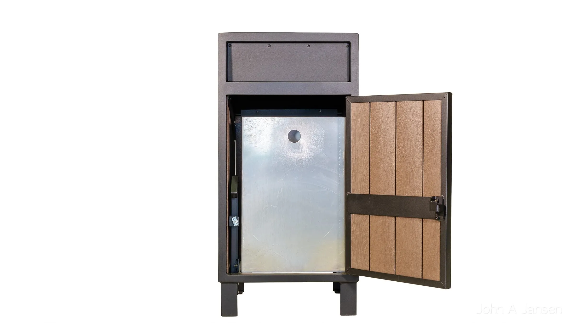 Modena curved top waste receptacle with the loading door open, revealing the inner container. The frame is powder-coated, and the door features recycled plastic lumber.